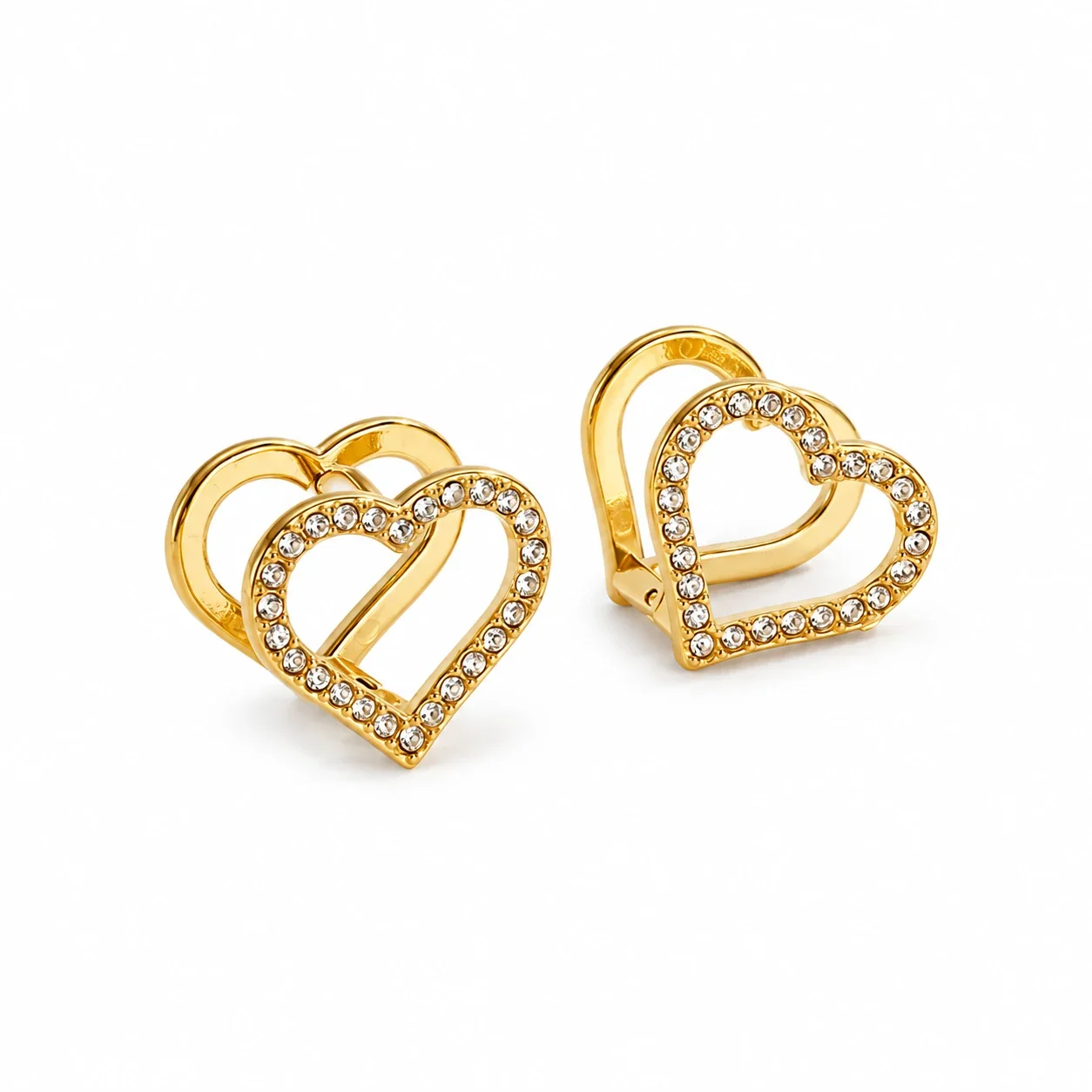 Heart Huggie Earrings with Crystal Outline, Stainless Steel - Gold Clear Crystal