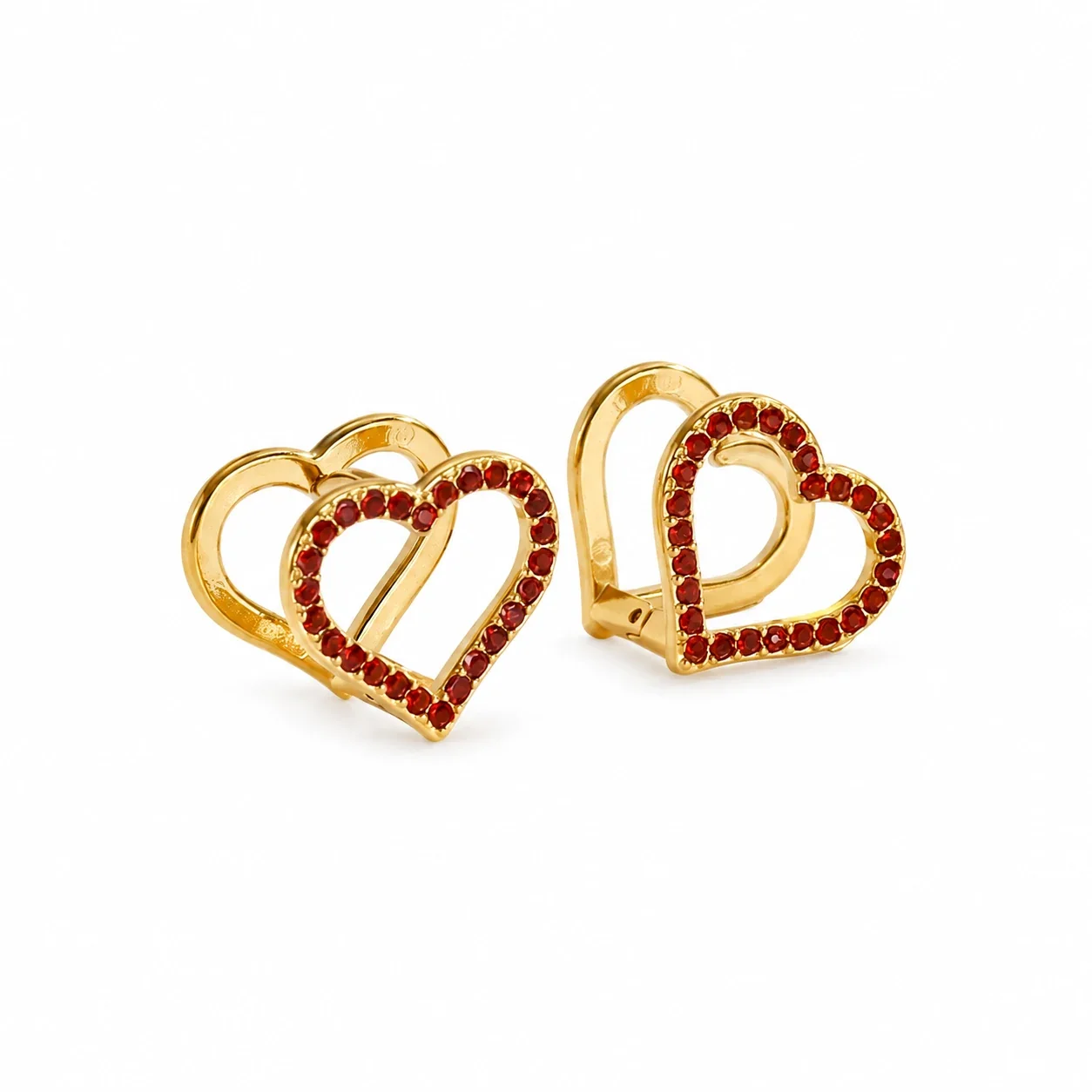 Heart Huggie Earrings with Crystal Outline, Stainless Steel - Gold Red Crystal