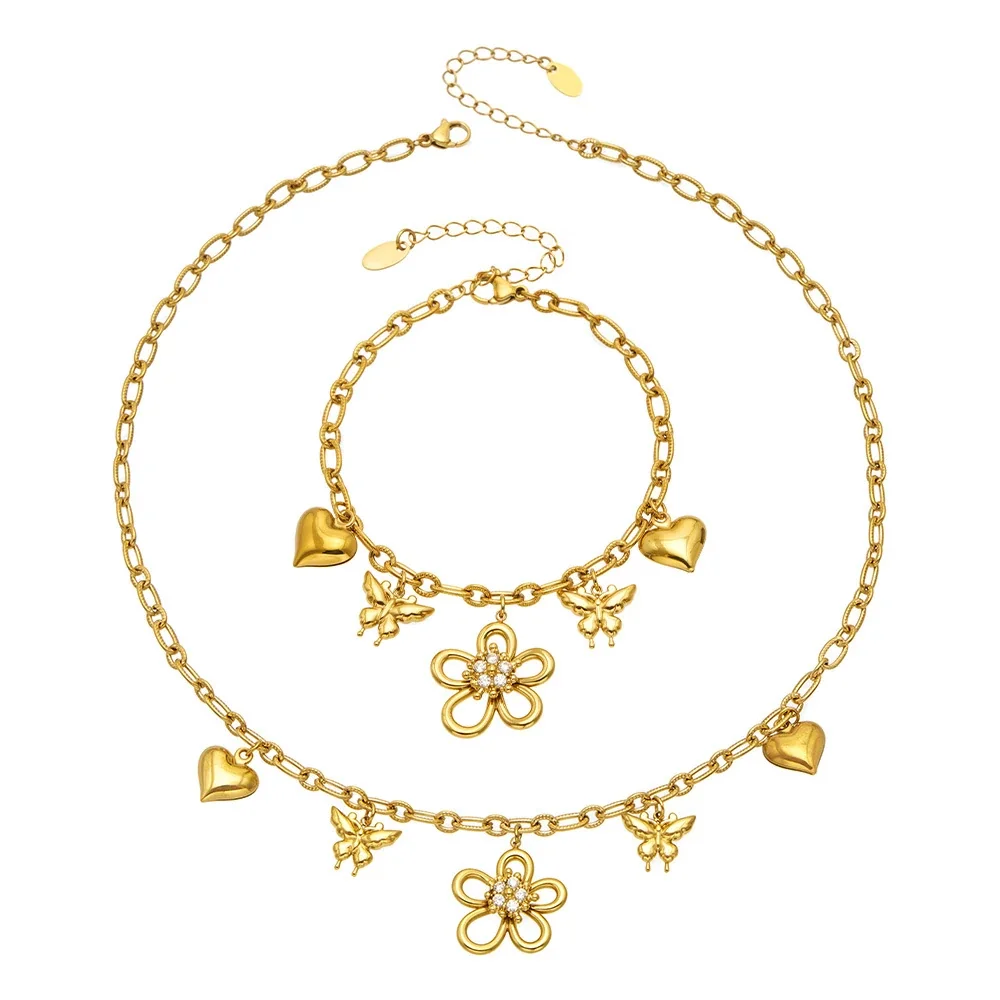 Playful 316L Stainless Steel Flower Heart Butterfly Charm PVD Jewelry Set