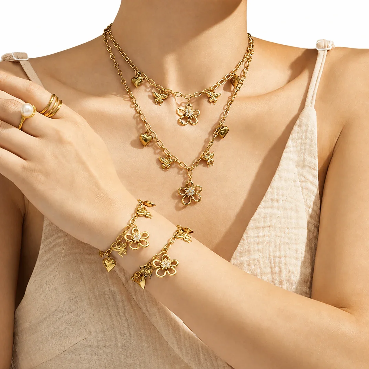 Playful 316L Flower Heart Butterfly Charm Jewelry Set