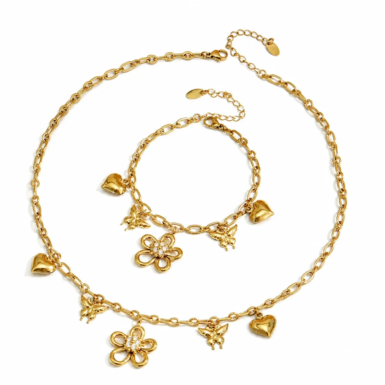 Playful 316L Flower Heart Butterfly Charm Jewelry Set