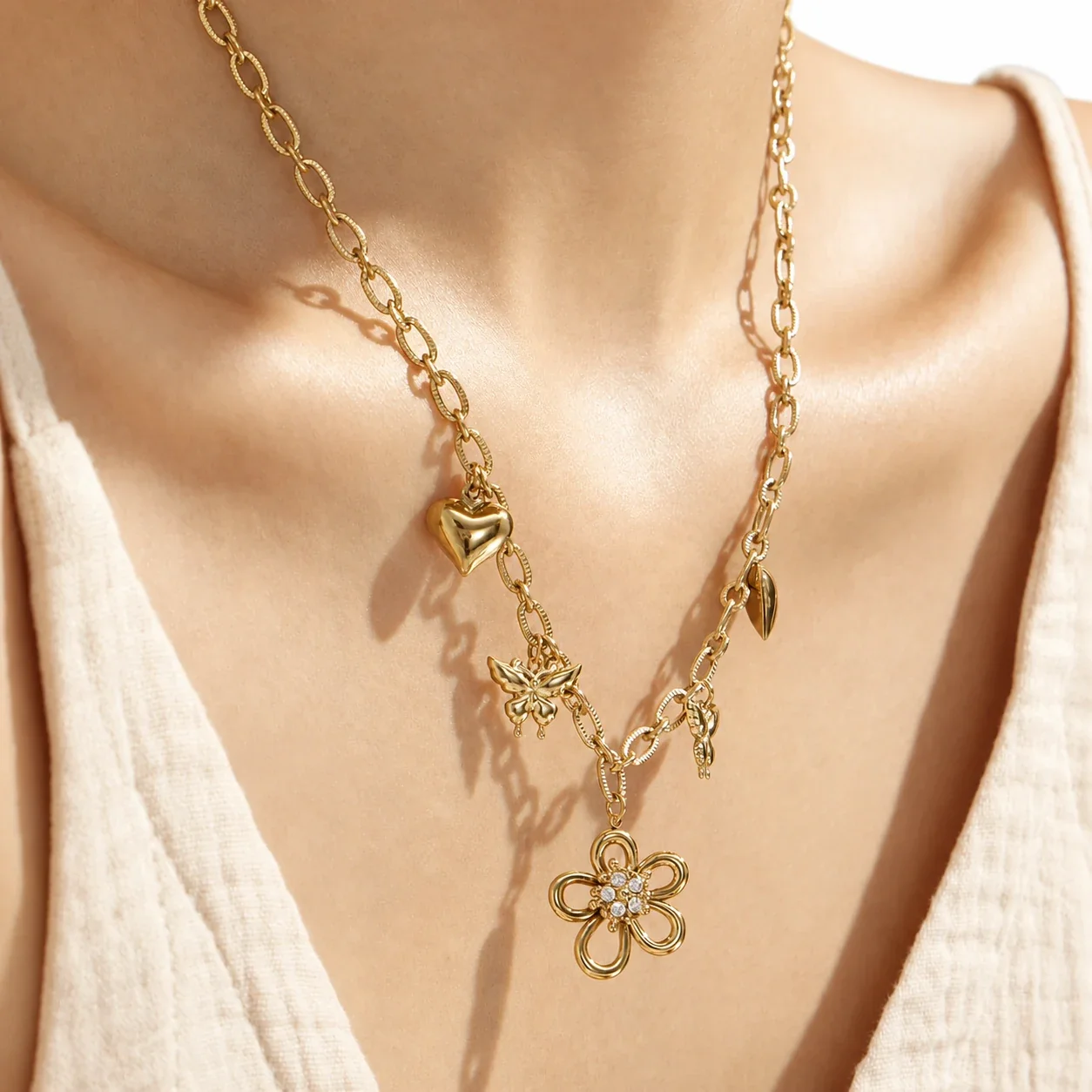 Playful 316L Flower Heart Butterfly Charm Jewelry Set