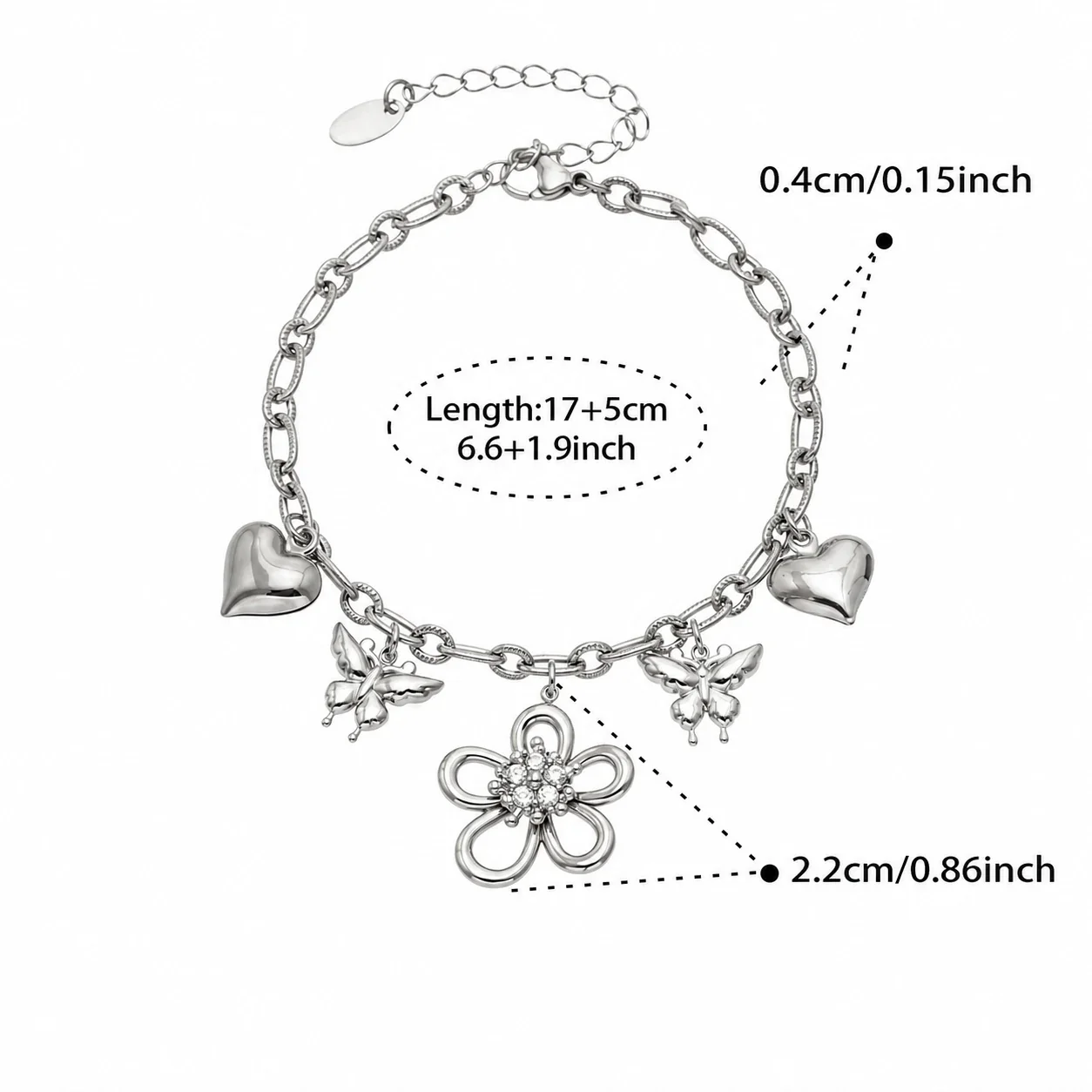 Playful 316L Flower Heart Butterfly Charm Jewelry Set - Silver Flower CZ 17+5 cm