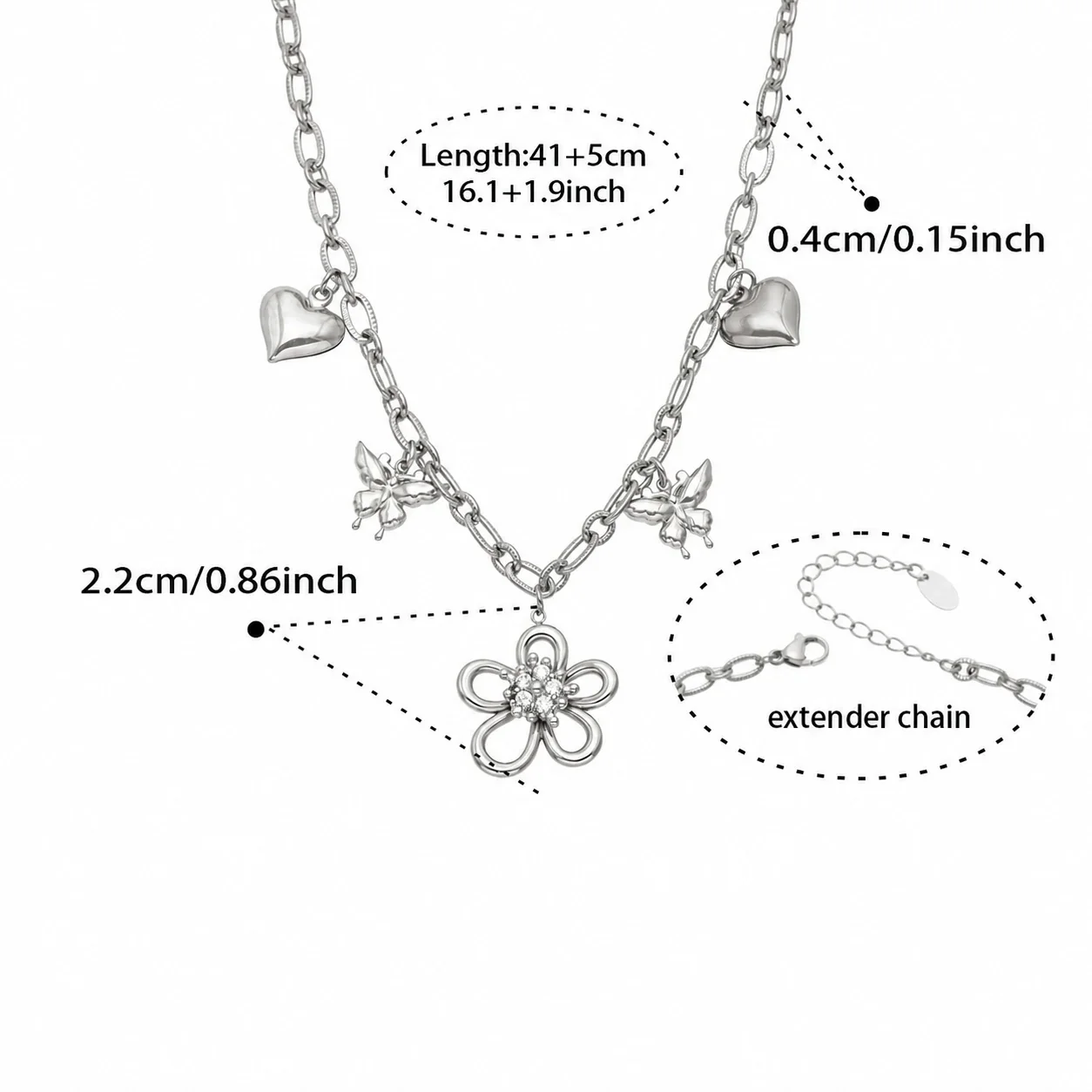 Playful 316L Flower Heart Butterfly Charm Jewelry Set - Silver Flower CZ 41+5 cm