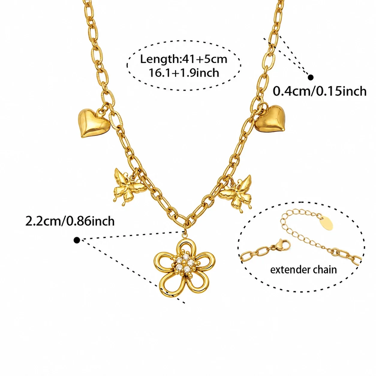 Playful 316L Flower Heart Butterfly Charm Jewelry Set - Gold Flower CZ 41+5 cm