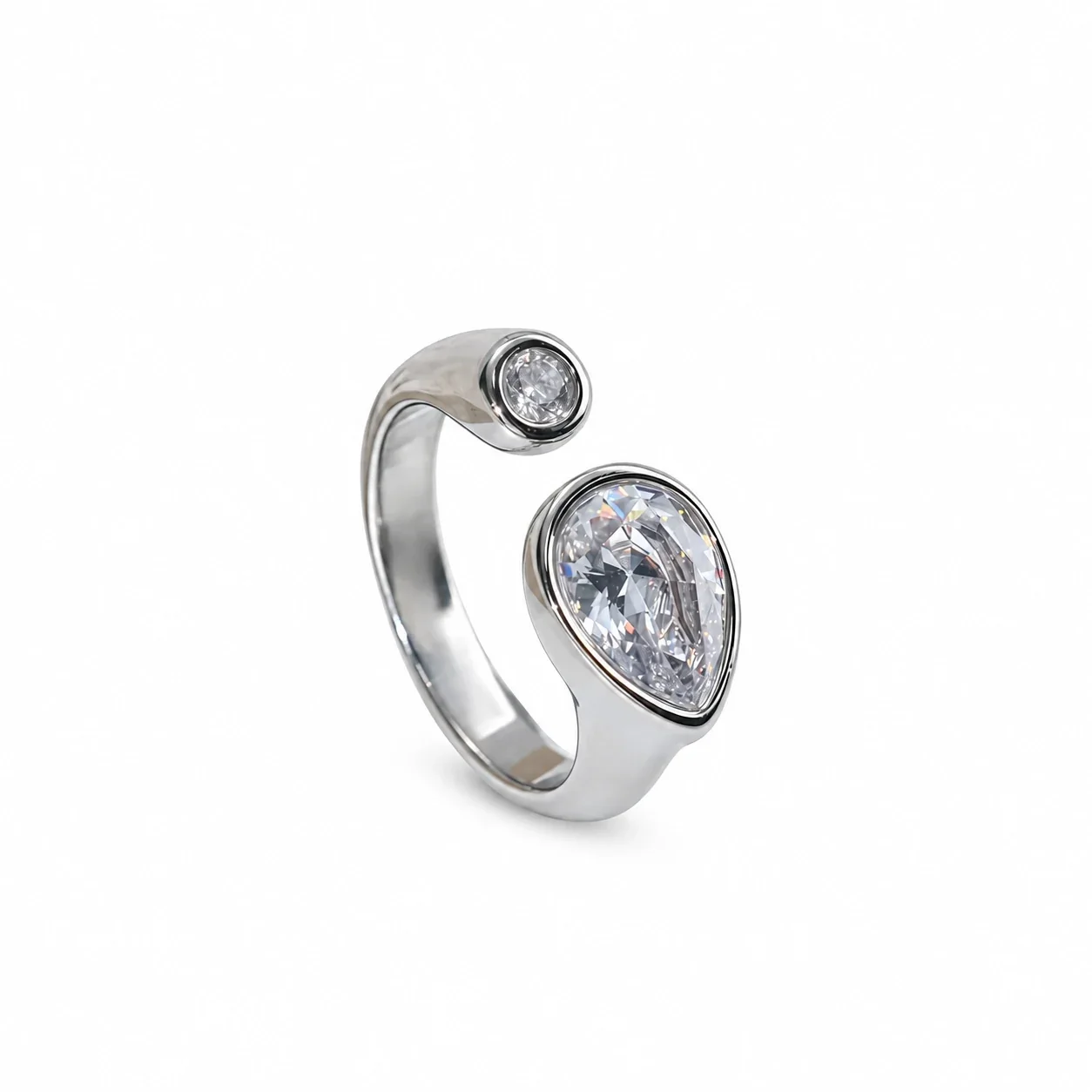 Open Teardrop Crystal Ring with Round Bezel Accent, Stainless Steel