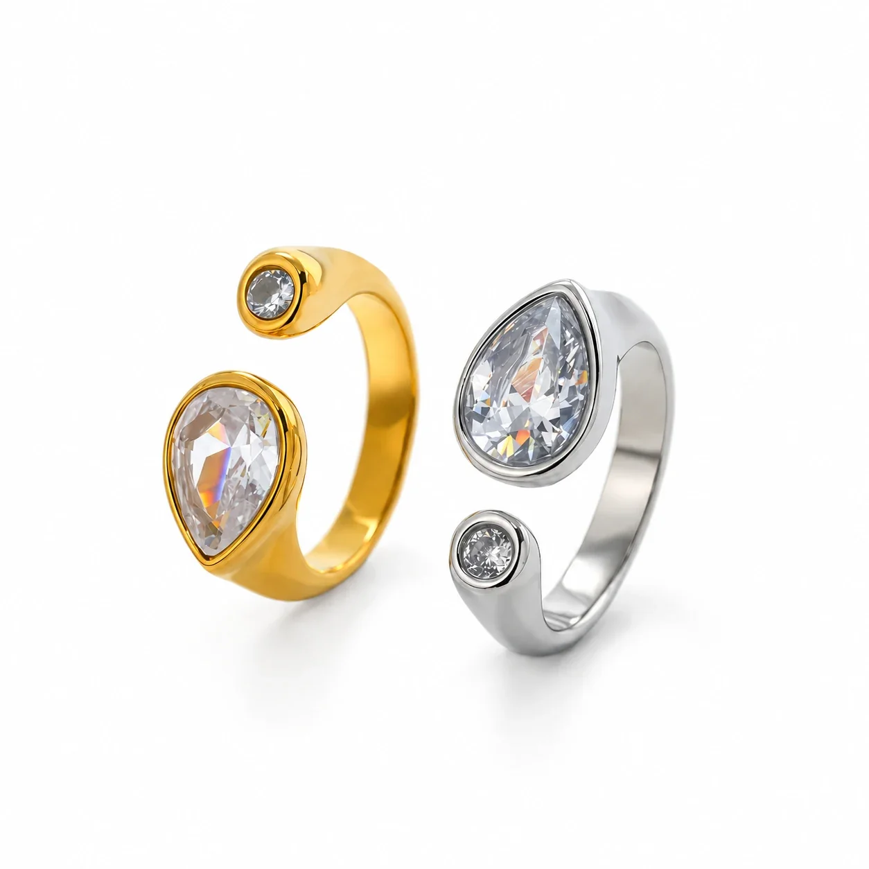 Open Teardrop Crystal Ring with Round Bezel Accent, Stainless Steel