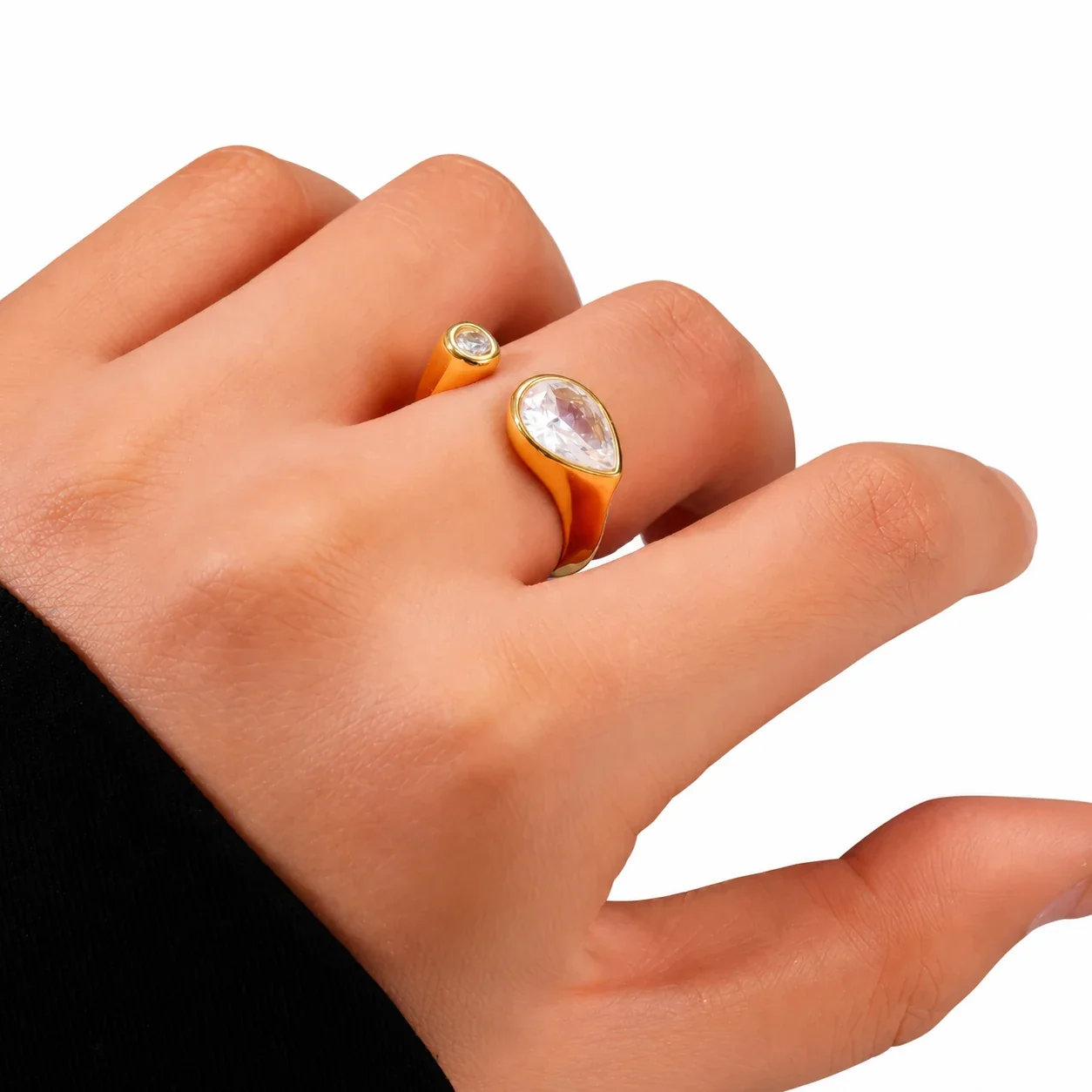 Open Teardrop Crystal Ring with Round Bezel Accent, Stainless Steel