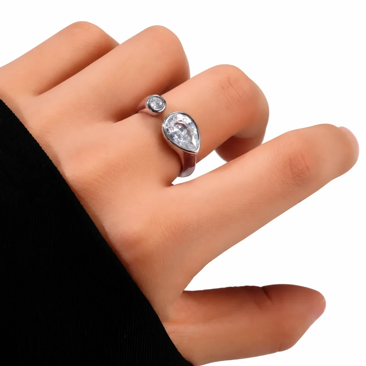 Open Teardrop Crystal Ring with Round Bezel Accent, Stainless Steel