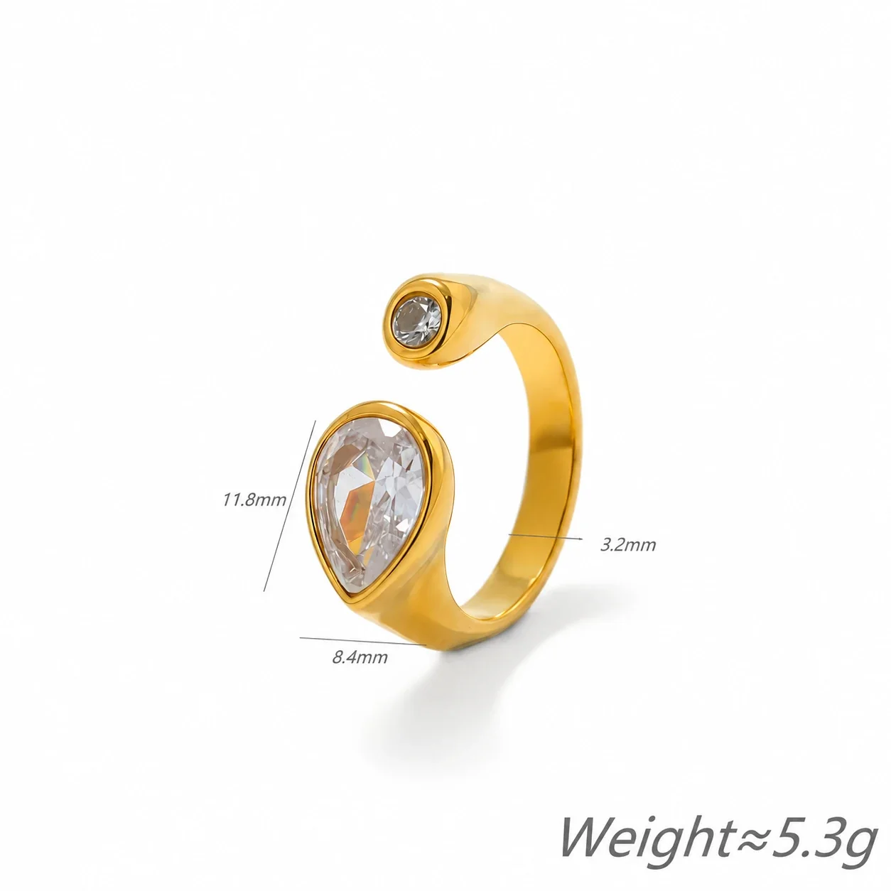 Open Teardrop Crystal Ring with Round Bezel Accent, Stainless Steel