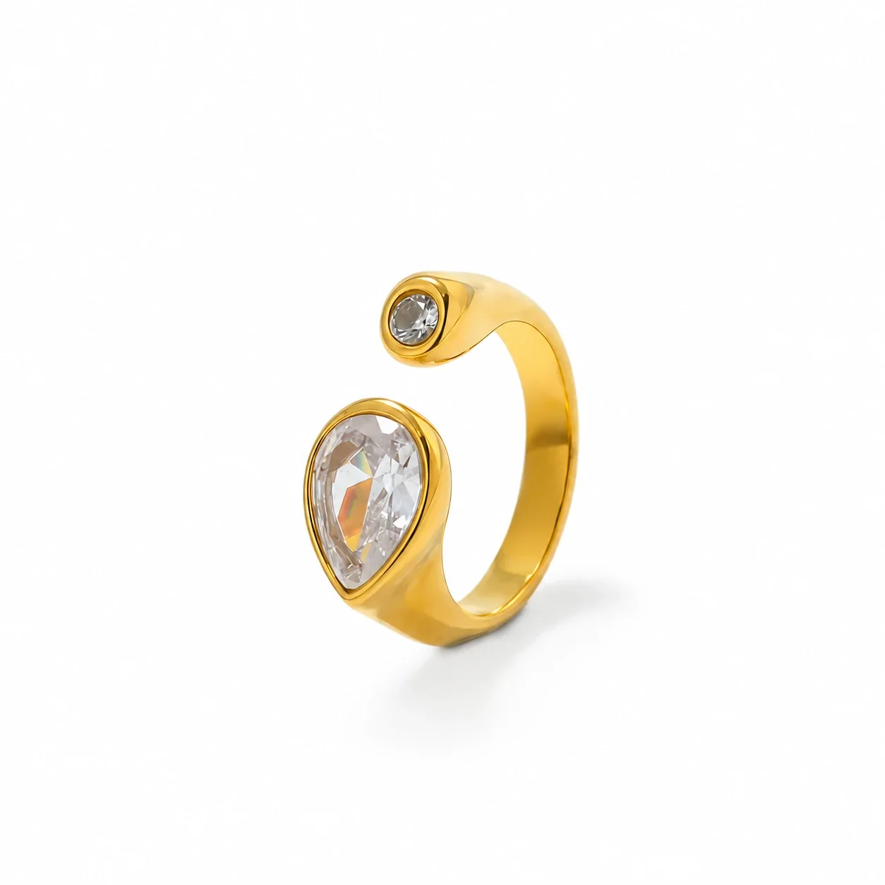 Open Teardrop Crystal Ring with Round Bezel Accent, Stainless Steel - Gold
