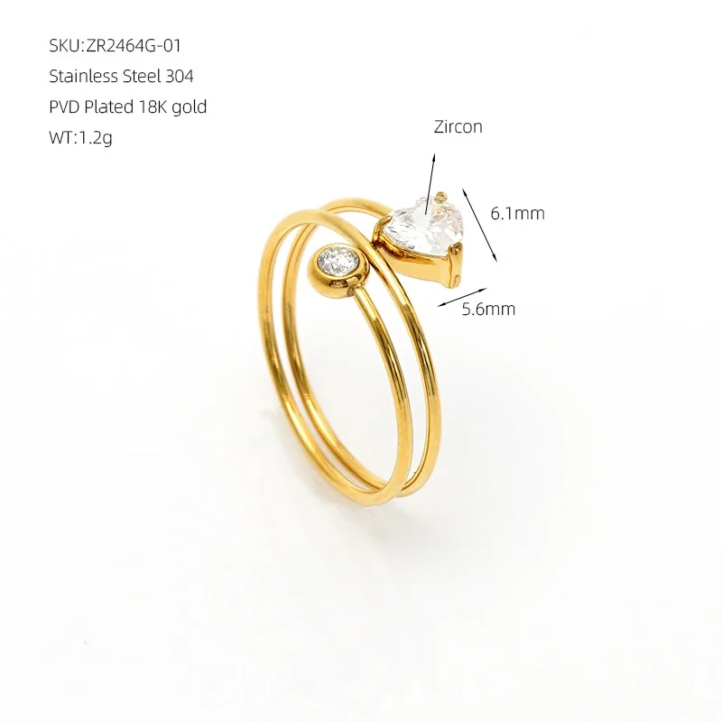 Open-Front 18K Gold-Plated Heart CZ 316 Steel Ring - White CZ