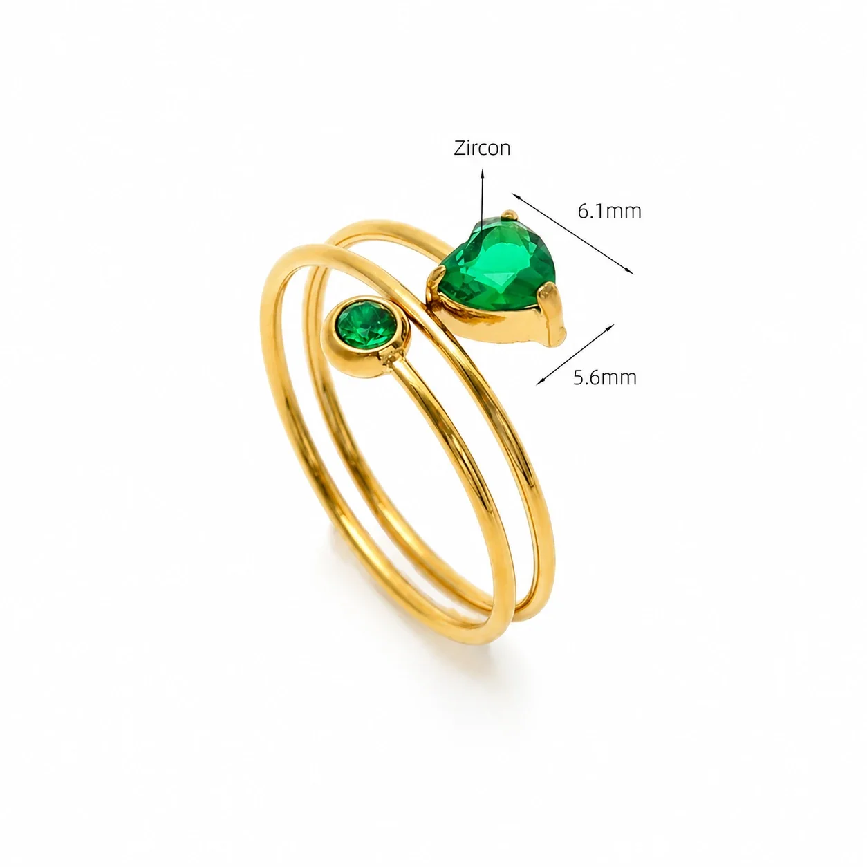 Open-Front 18K Gold-Plated Heart CZ 316 Steel Ring - Green CZ