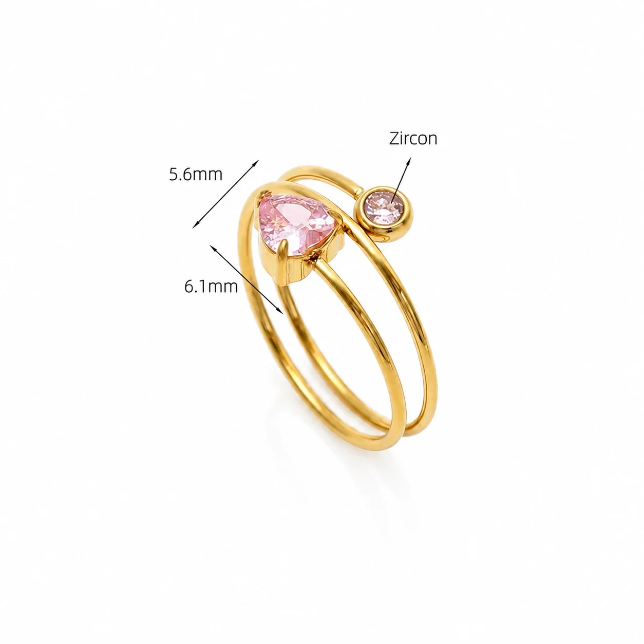 Open-Front 18K Gold-Plated Heart CZ 316 Steel Ring - Pink CZ