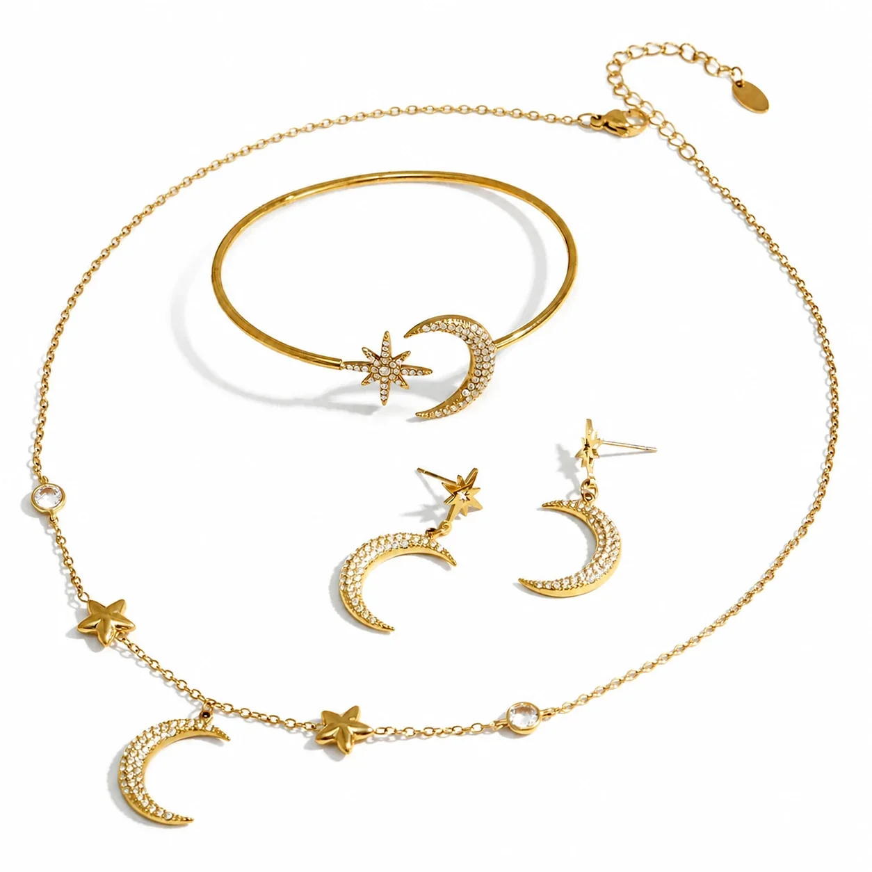 Celestial 18K Gold PVD Stainless Steel CZ Crescent Star Jewelry Set