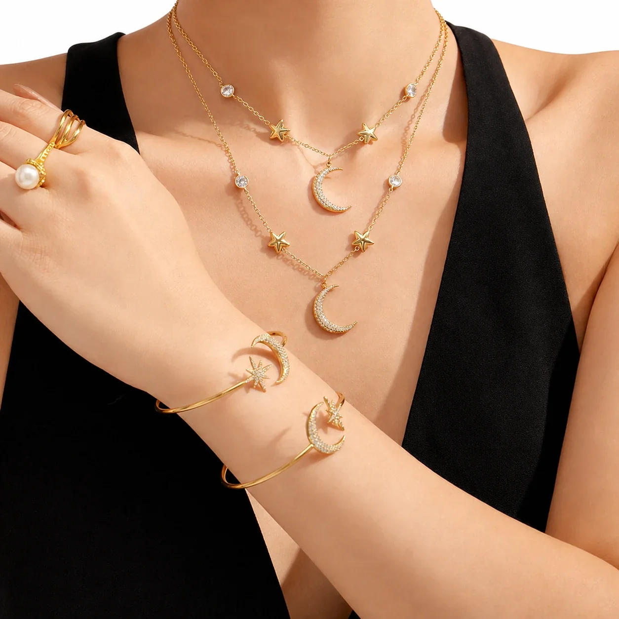 Celestial 18K Gold-Plated CZ Crescent Star Jewelry Set