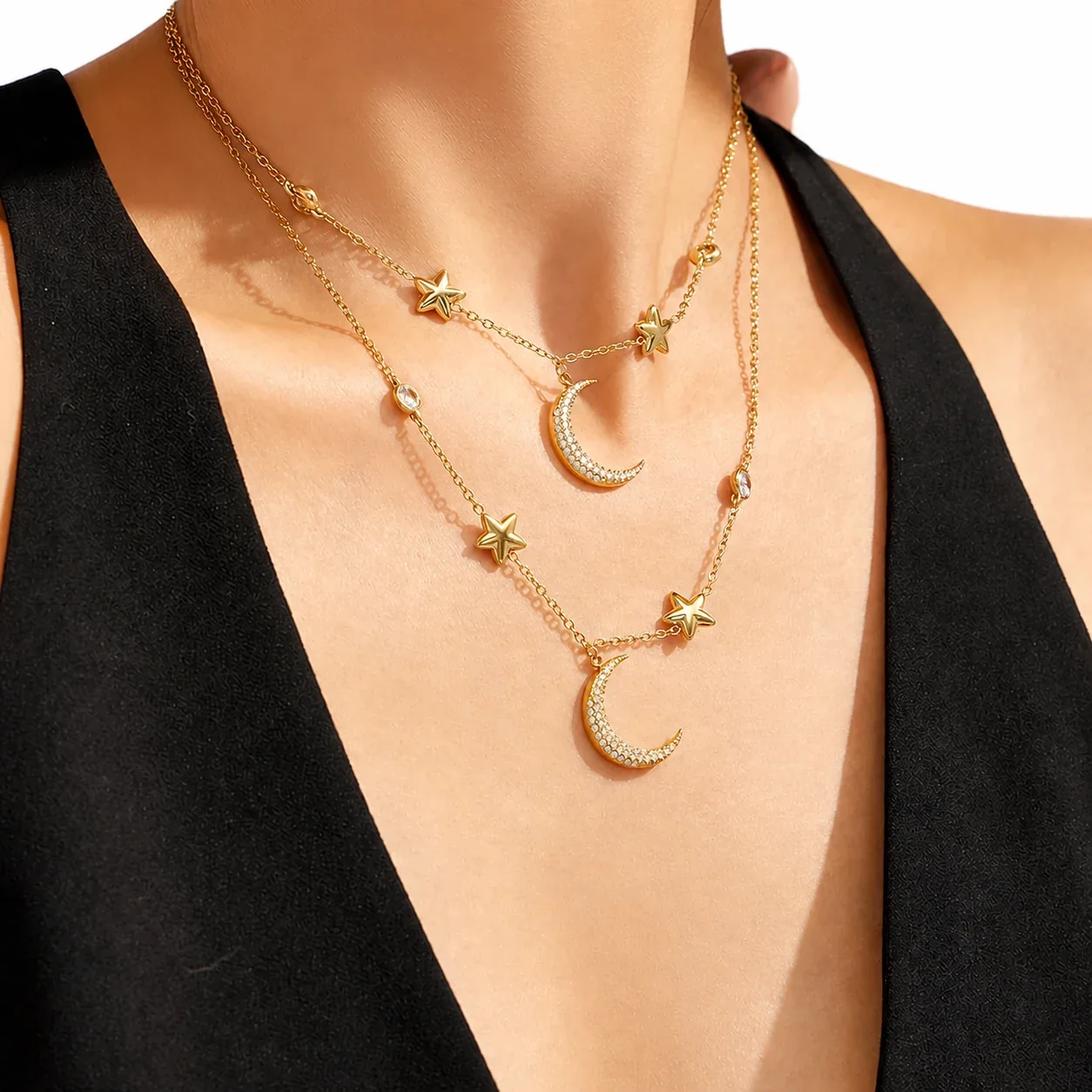 Celestial 18K Gold-Plated CZ Crescent Star Jewelry Set