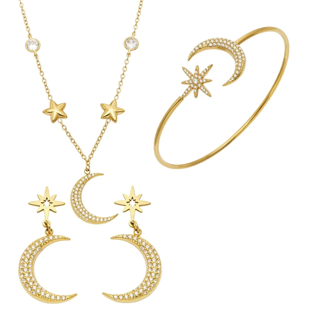 Celestial 18K Gold-Plated CZ Crescent Star Jewelry Set