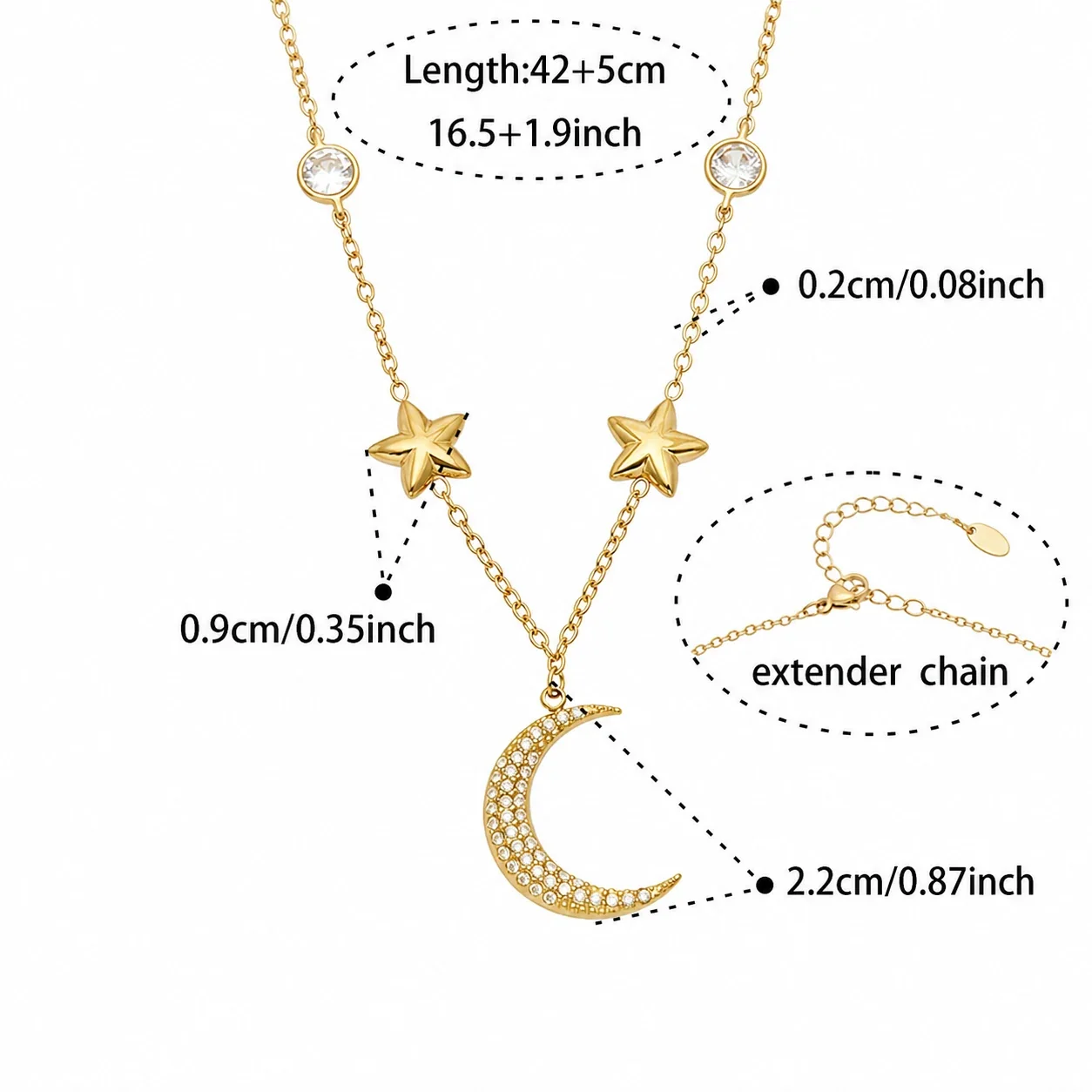 Celestial 18K Gold-Plated CZ Crescent Star Jewelry Set - Gold Star Moon CZ 42+5 cm