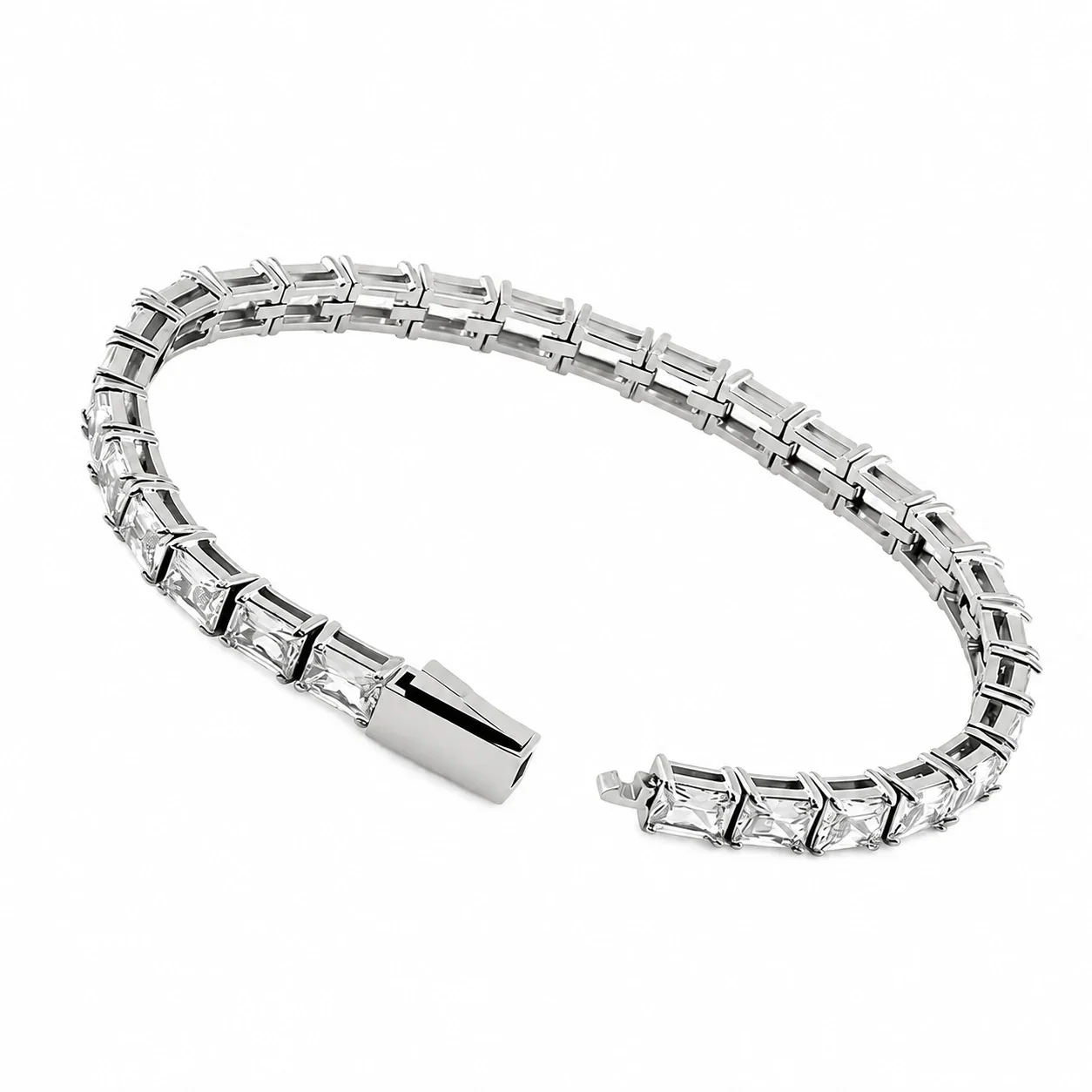 Tennis Bracelet, Prong-Set Rectangular CZ, 316 Stainless Steel