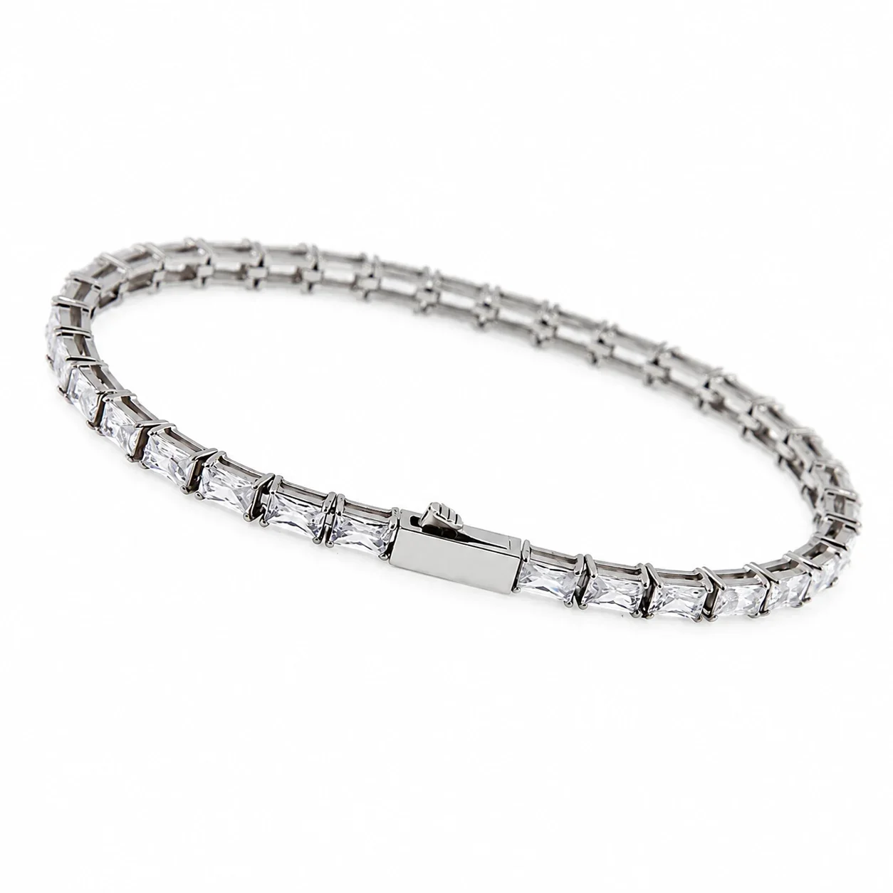 Tennis Bracelet, Prong-Set Rectangular CZ, 316 Stainless Steel - Silver x Cubic Zirconia, 20 cm