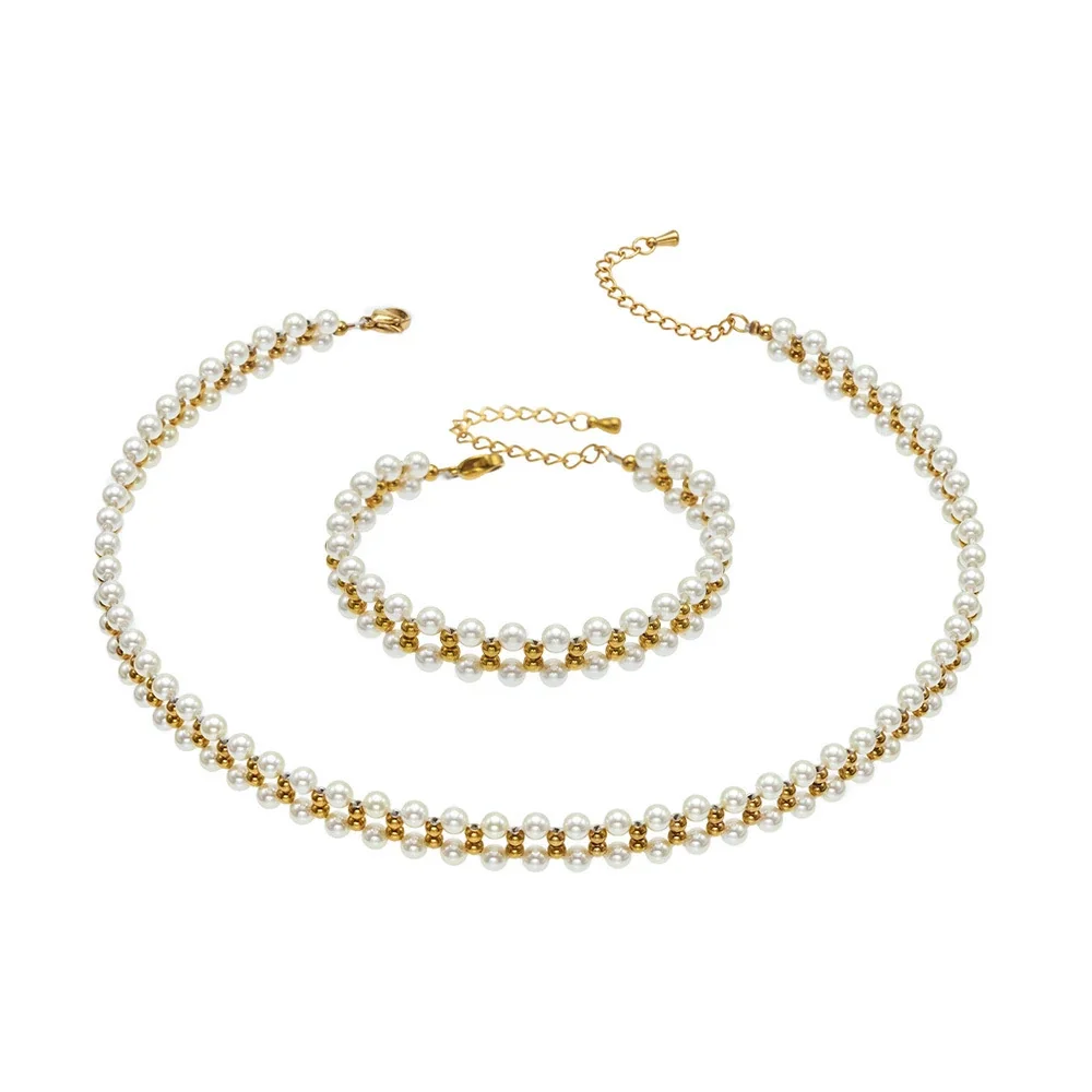 Lustrous Shell Pearl Ball Bead 18K Gold PVD 316L Stainless Steel Jewelry Set