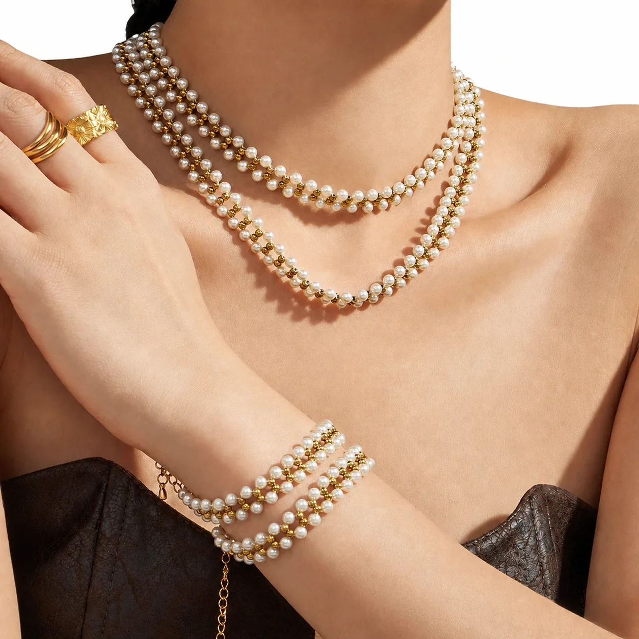 Lustrous Shell Pearl Ball Bead 18K Gold-Plated 316L Jewelry Set