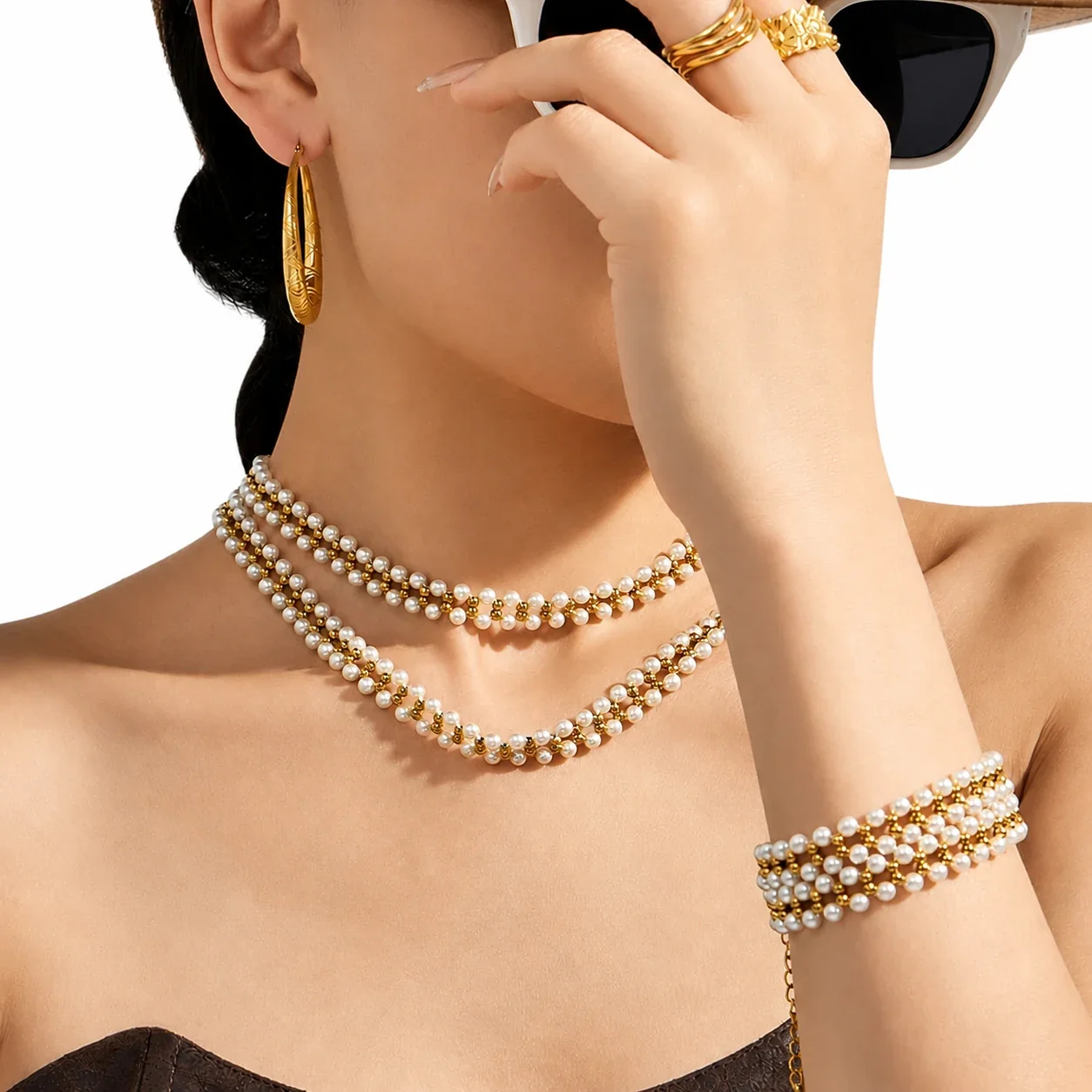 Lustrous Shell Pearl Ball Bead 18K Gold-Plated 316L Jewelry Set