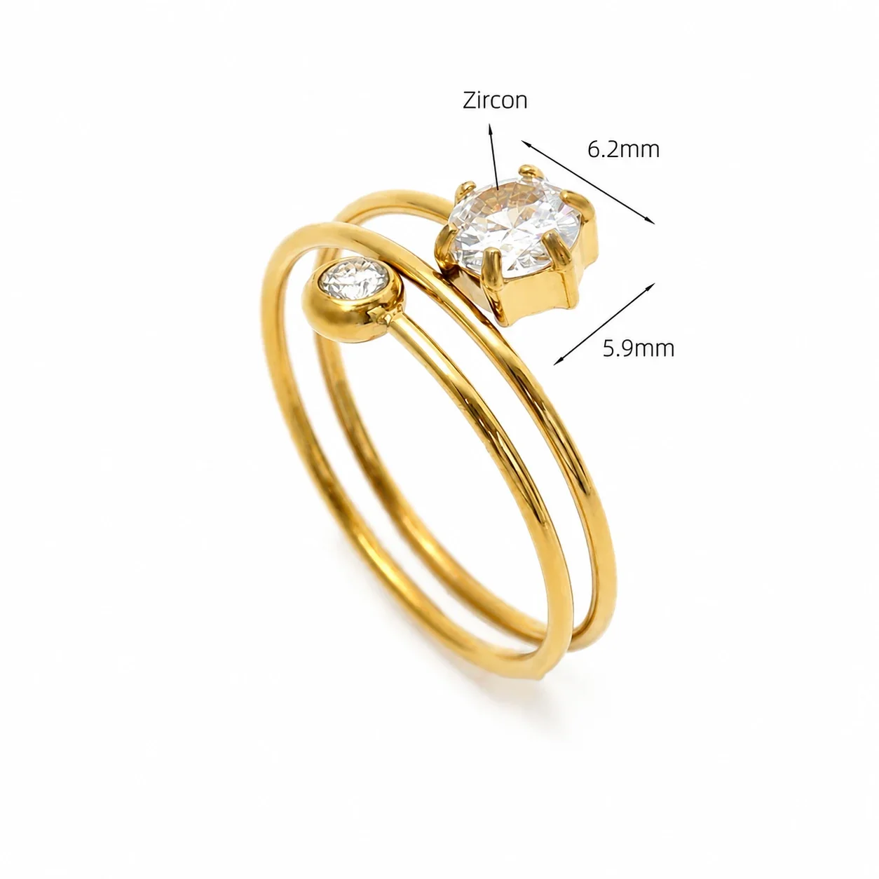 Coiled 18K Gold-Plated 316 Stainless Steel Hexagon CZ Ring - Clear CZ