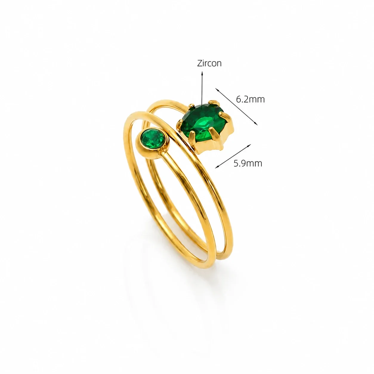 Coiled 18K Gold-Plated 316 Stainless Steel Hexagon CZ Ring - Green CZ