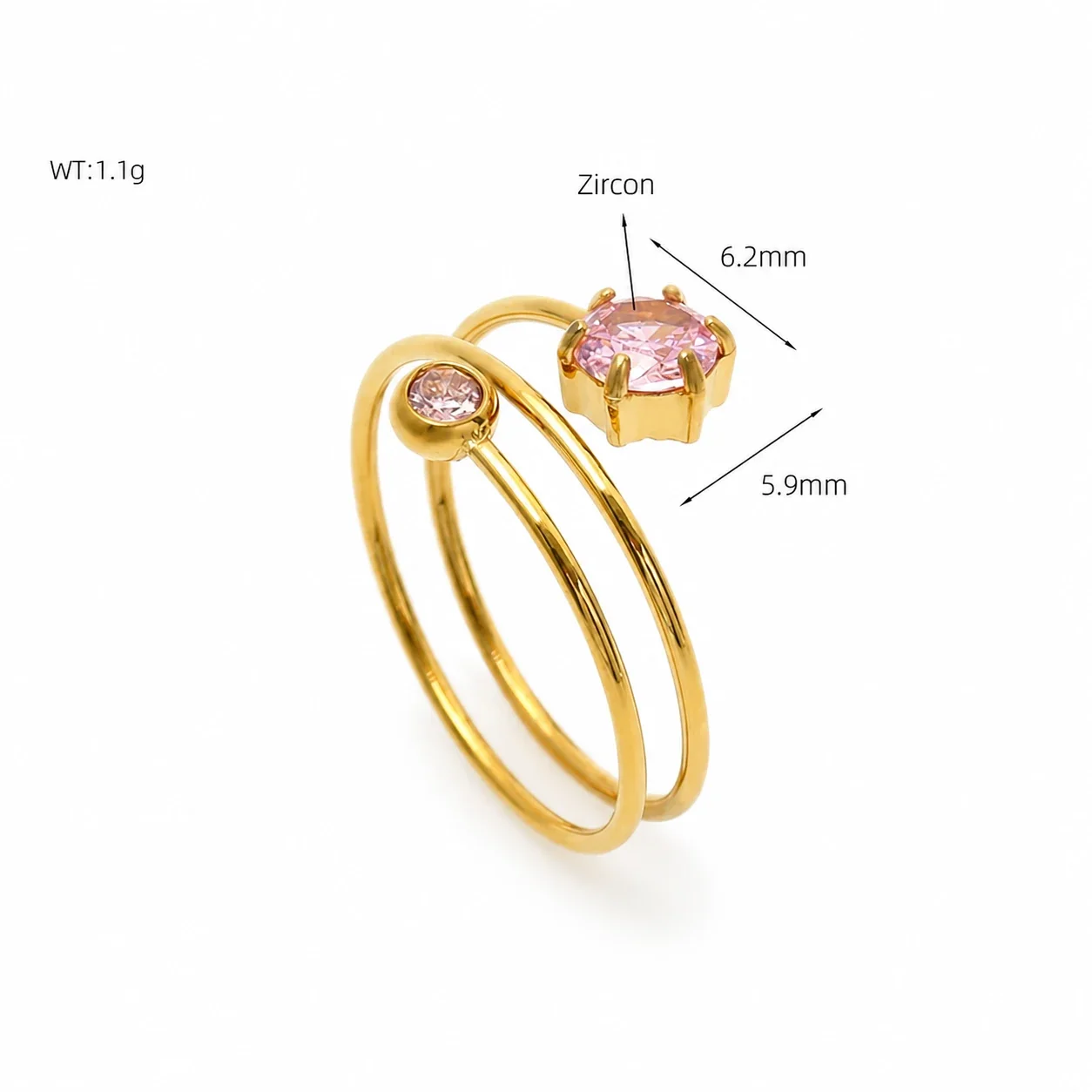 Coiled 18K Gold-Plated 316 Stainless Steel Hexagon CZ Ring - Pink CZ