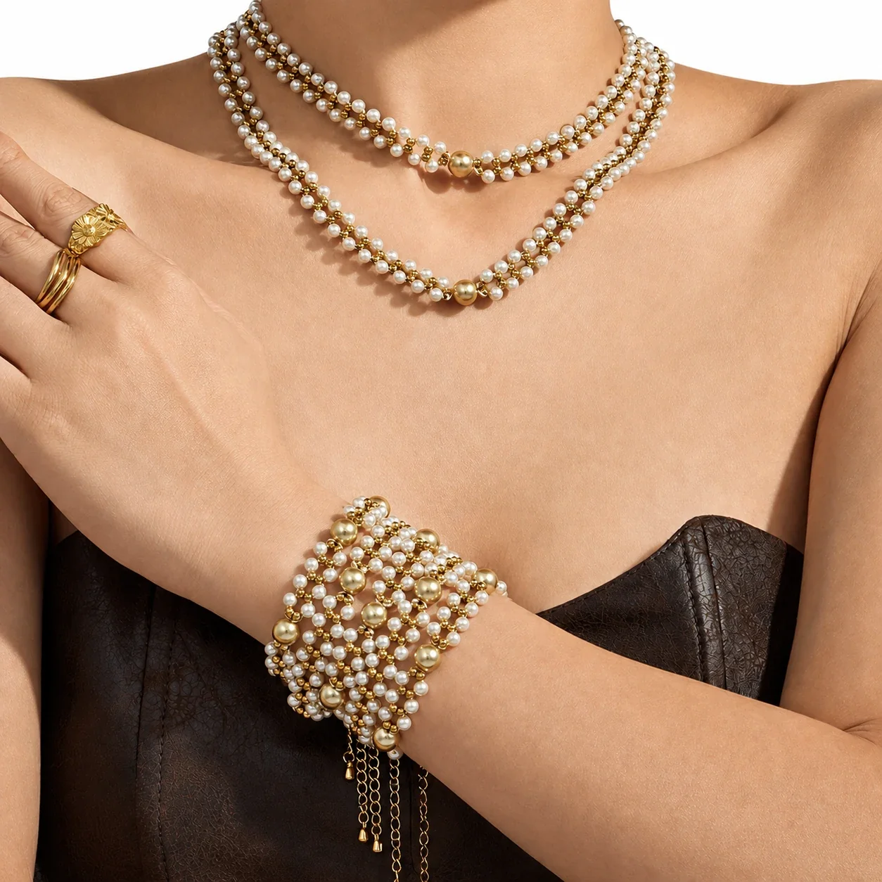 Layered Shell Pearl Bead 18K Gold-Plated 316L Jewelry Set