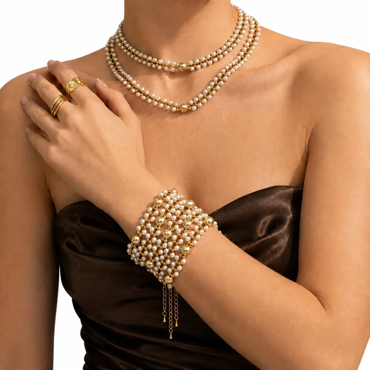 Layered Shell Pearl Bead 18K Gold-Plated 316L Jewelry Set