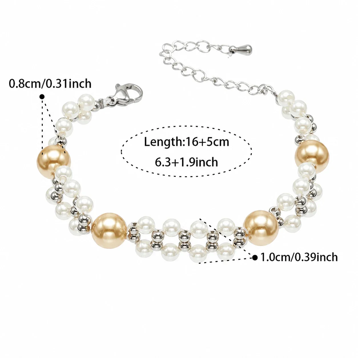 Layered Shell Pearl Bead 18K Gold-Plated 316L Jewelry Set - Silver B 16+5 cm