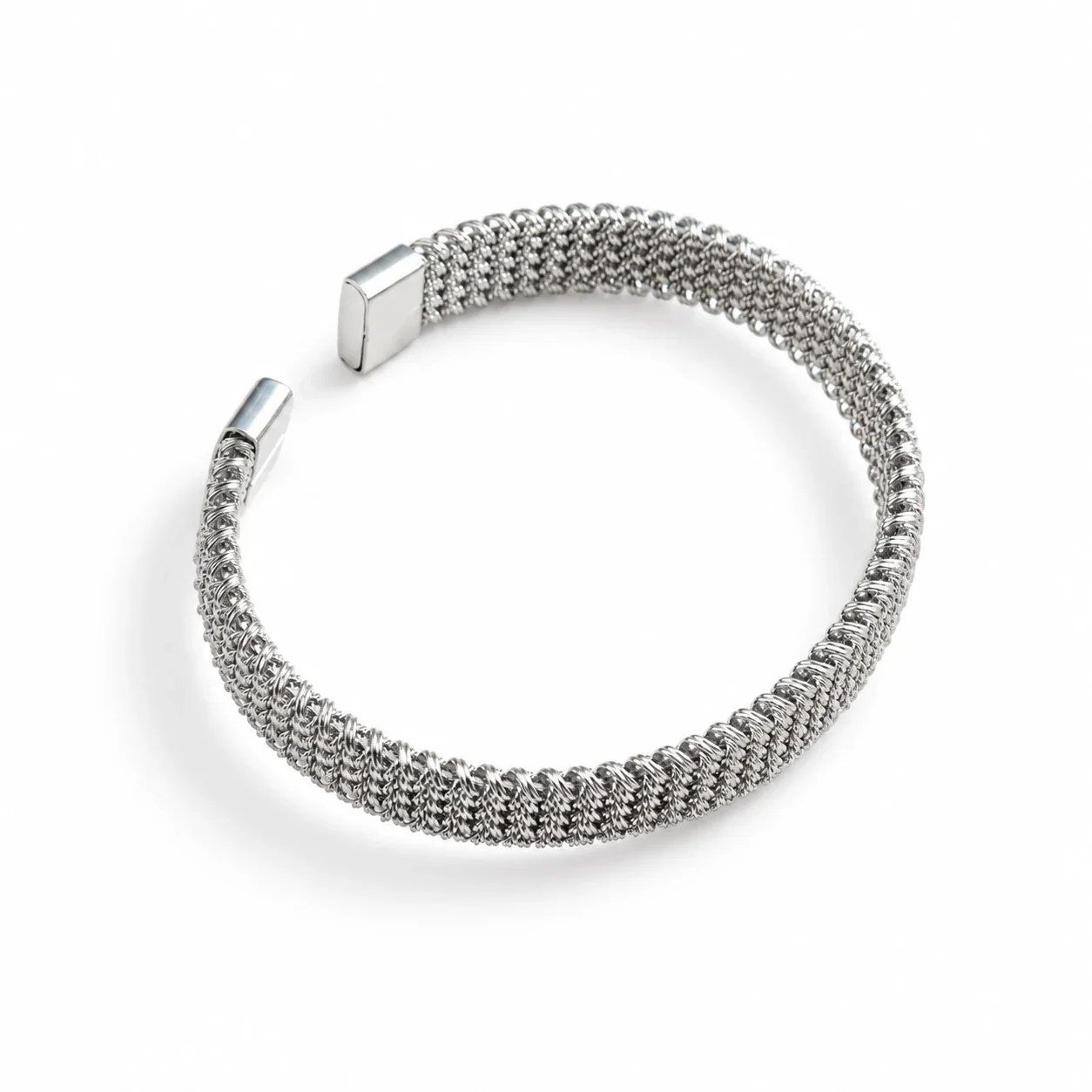 Open Cuff Bracelet With Braided Mesh Stainless Steel - Silver Large