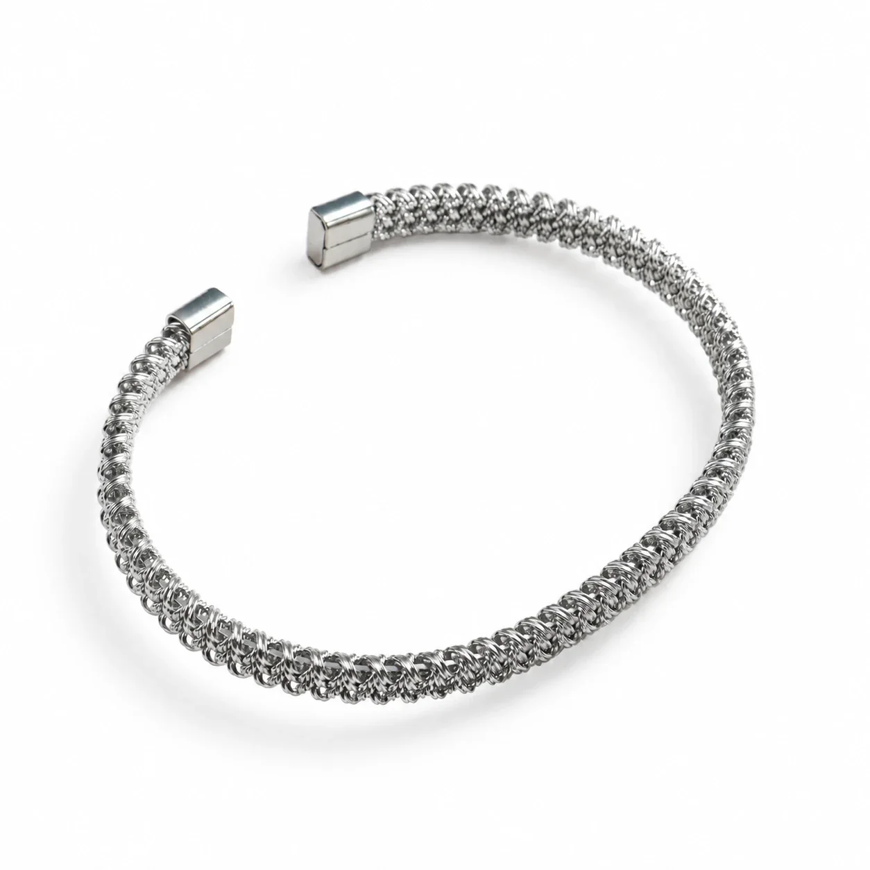 Open Cuff Bracelet With Braided Mesh Stainless Steel - Silver Small