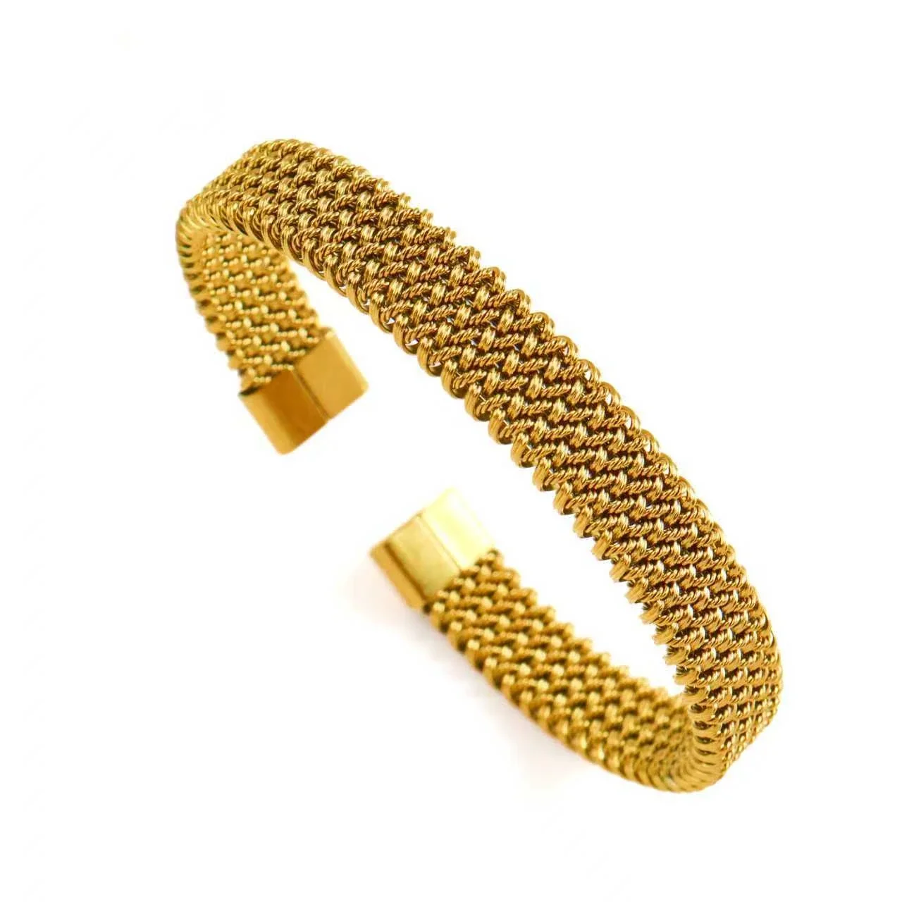Open Cuff Bracelet With Braided Mesh Stainless Steel - Gold Large