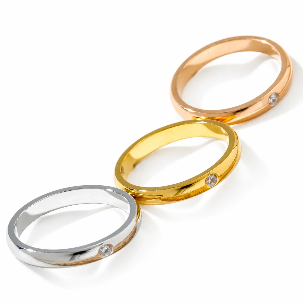 Stainless Steel Band Ring with Slim Dome and Flush-Set Crystal