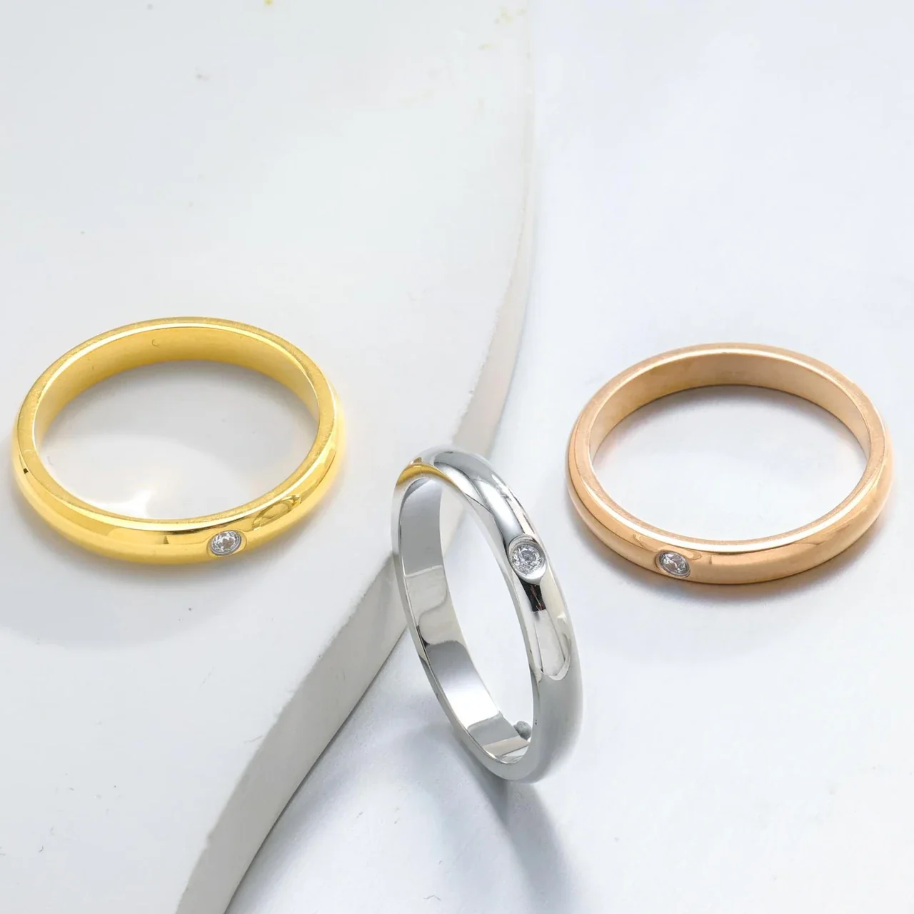 Stainless Steel Band Ring with Slim Dome and Flush-Set Crystal