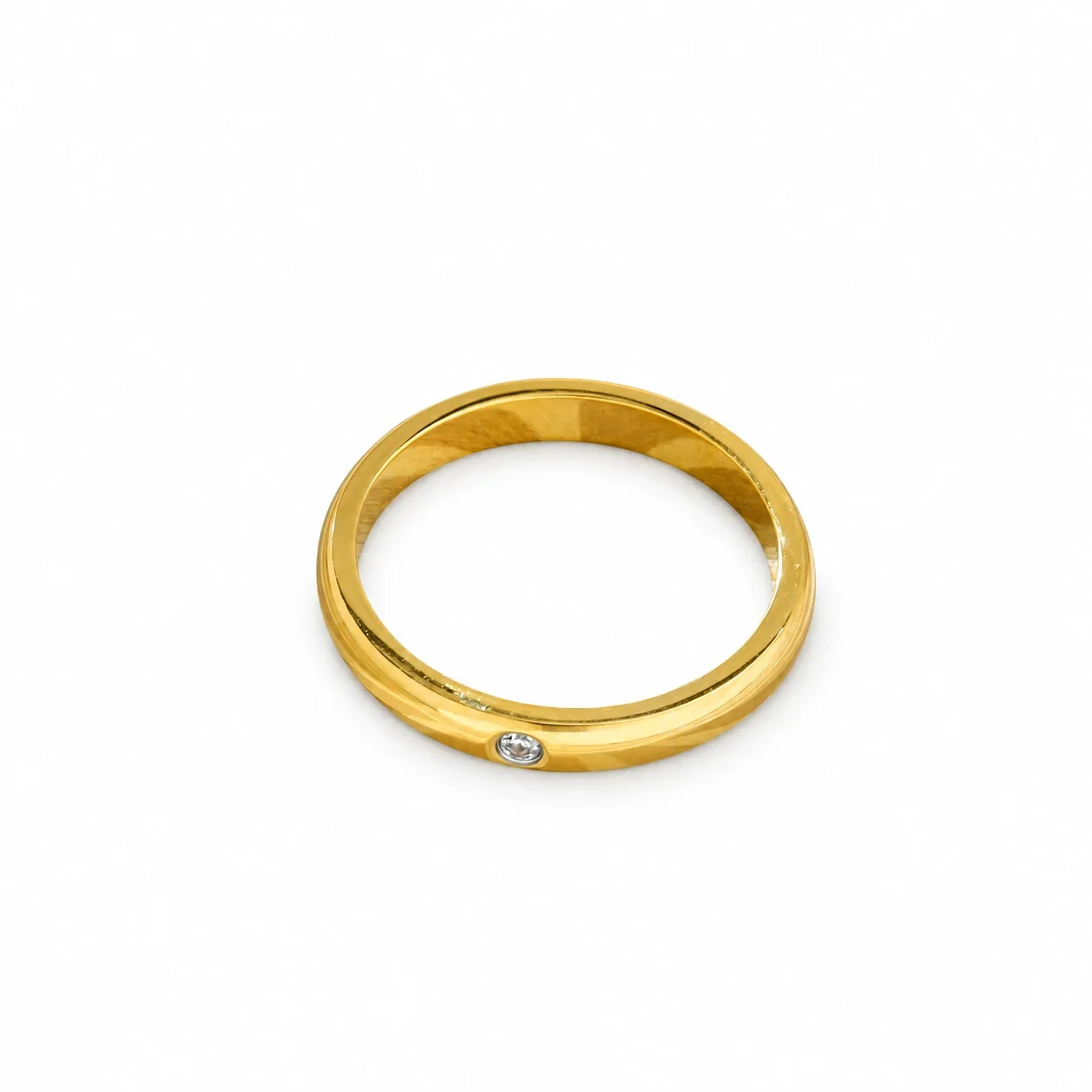 Stainless Steel Band Ring with Slim Dome and Flush-Set Crystal
