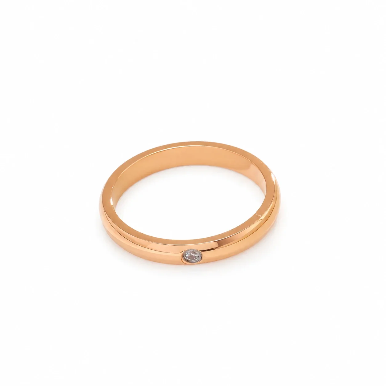 Stainless Steel Band Ring with Slim Dome and Flush-Set Crystal - Rose Gold