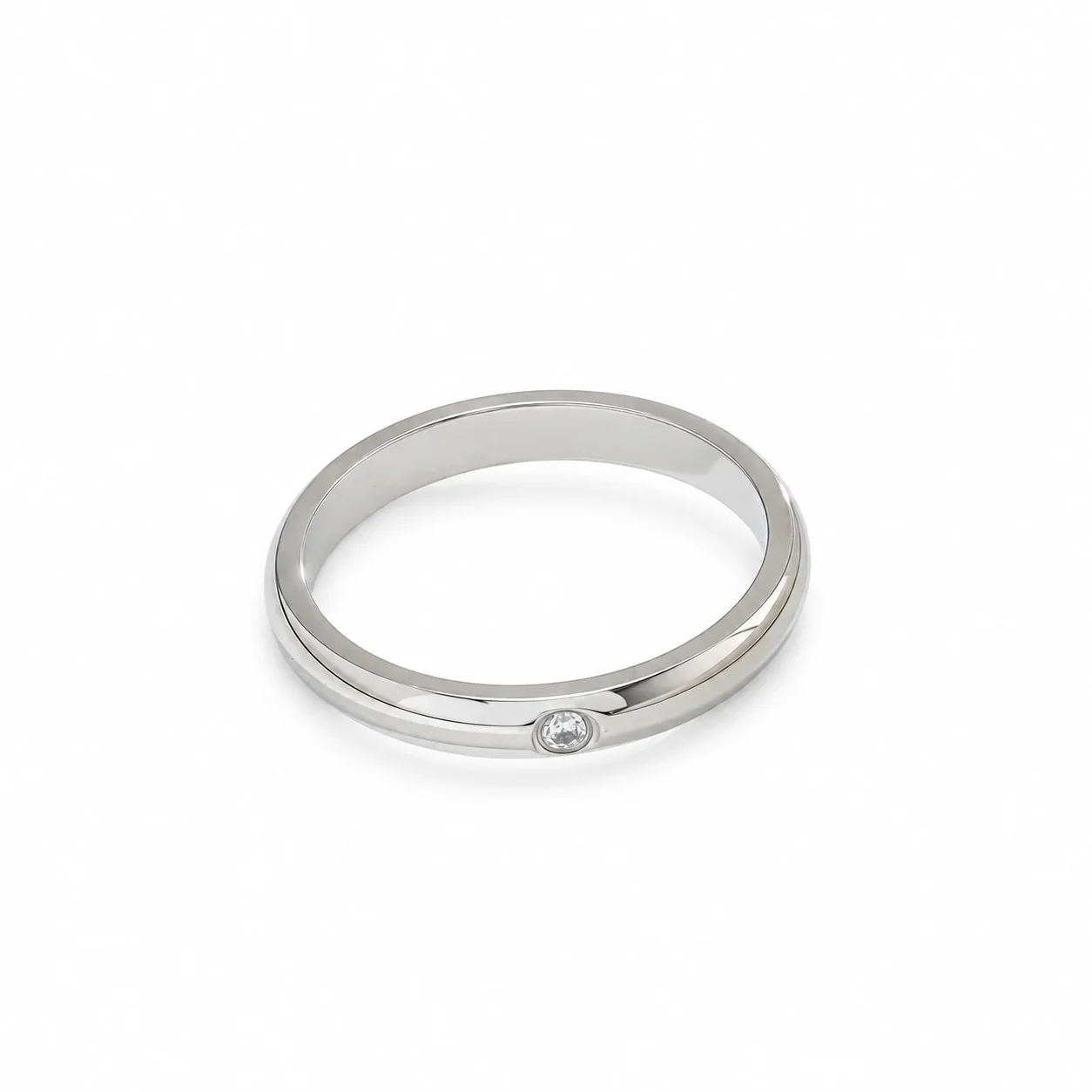 Stainless Steel Band Ring with Slim Dome and Flush-Set Crystal - Silver