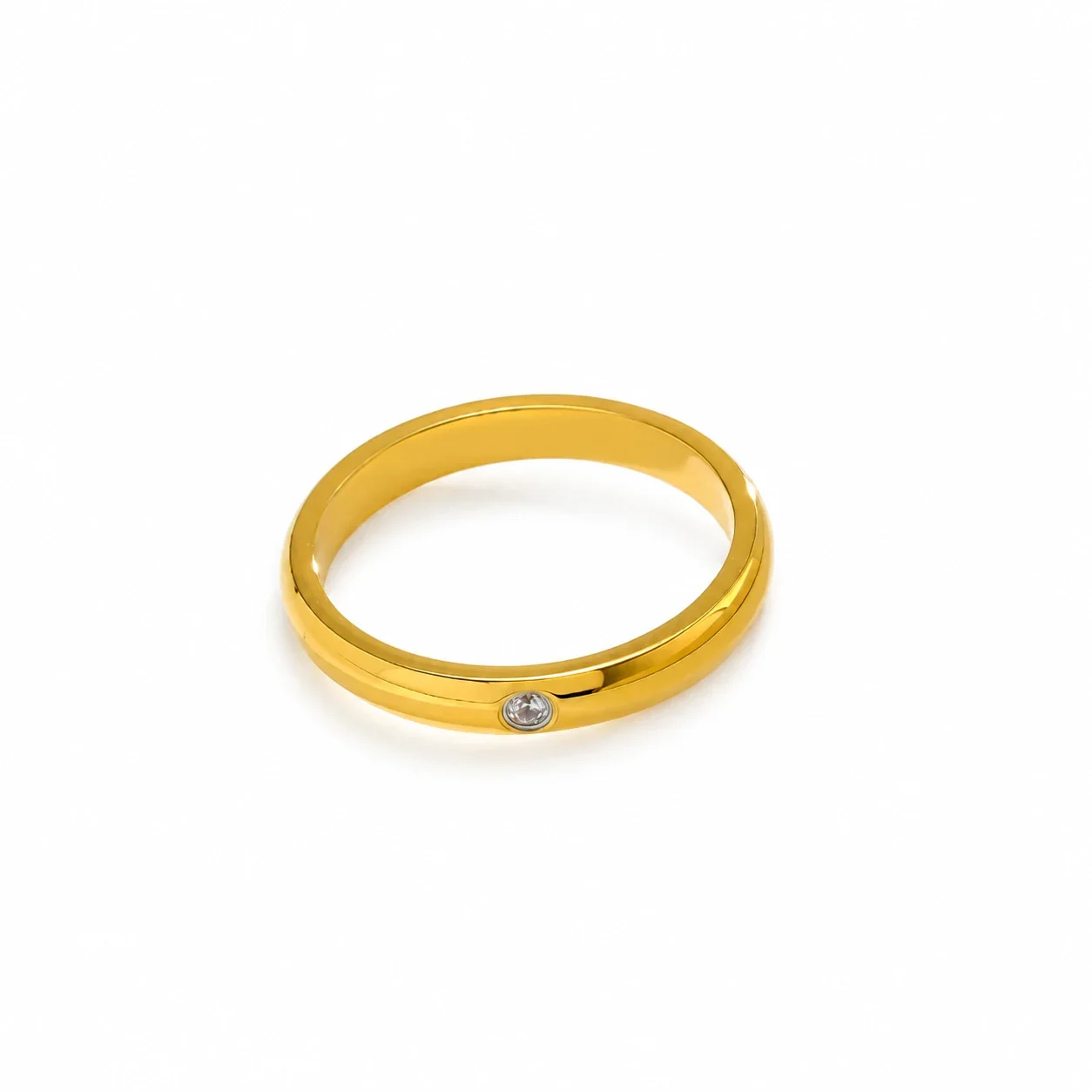 Stainless Steel Band Ring with Slim Dome and Flush-Set Crystal - Gold