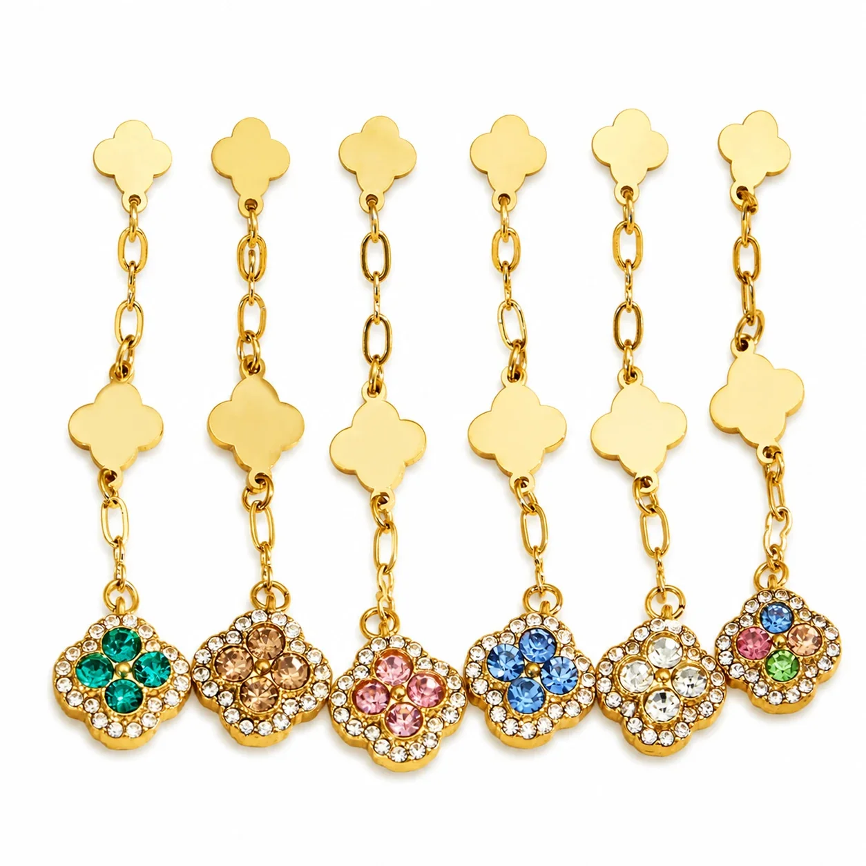 Clover Chain 18K Gold PVD 316L Stainless Steel CZ Drop Earrings