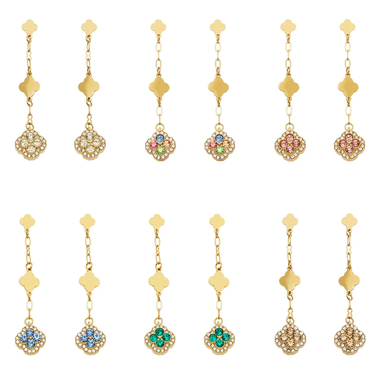 Clover Chain 18K Gold-Plated 316L CZ Drop Earrings