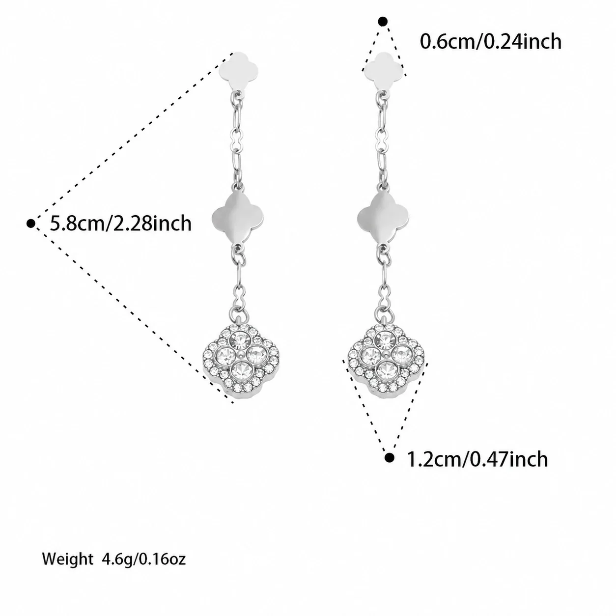Clover Chain 18K Gold-Plated 316L CZ Drop Earrings - Silver Clear CZ