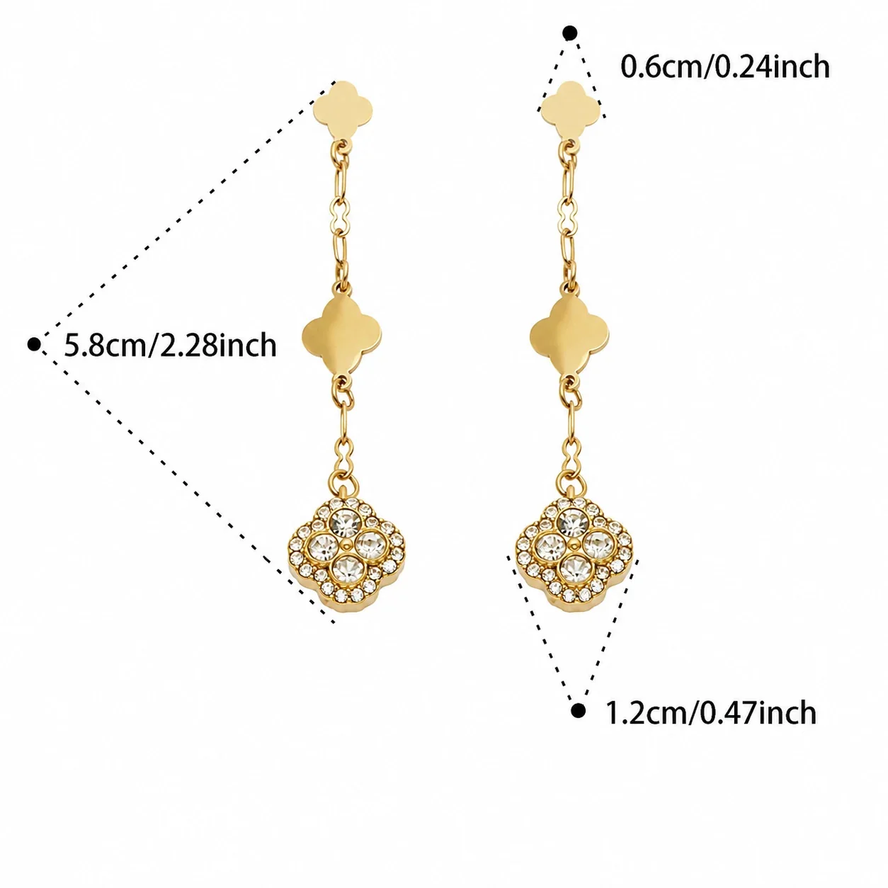 Clover Chain 18K Gold-Plated 316L CZ Drop Earrings - Gold Clear CZ