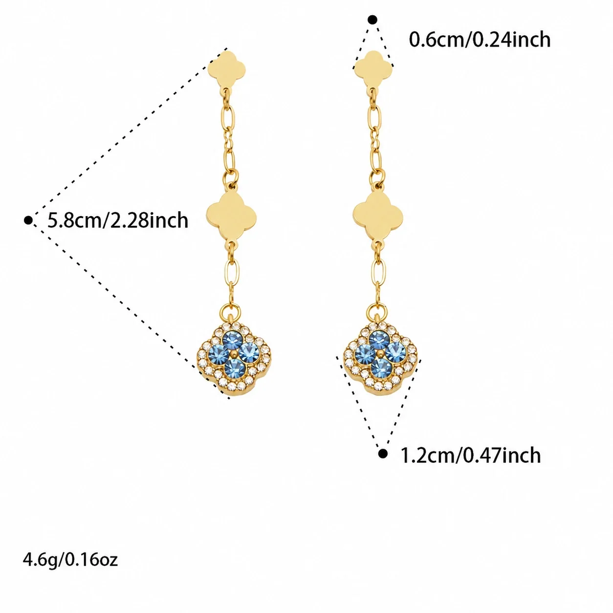 Clover Chain 18K Gold-Plated 316L CZ Drop Earrings - Gold Blue CZ