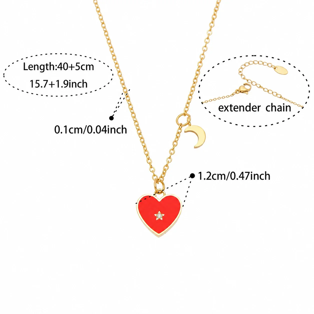 Heart & Geometric Pendant Necklaces in Stainless Steel - Gold Red Enamel Heart, 40+5 cm
