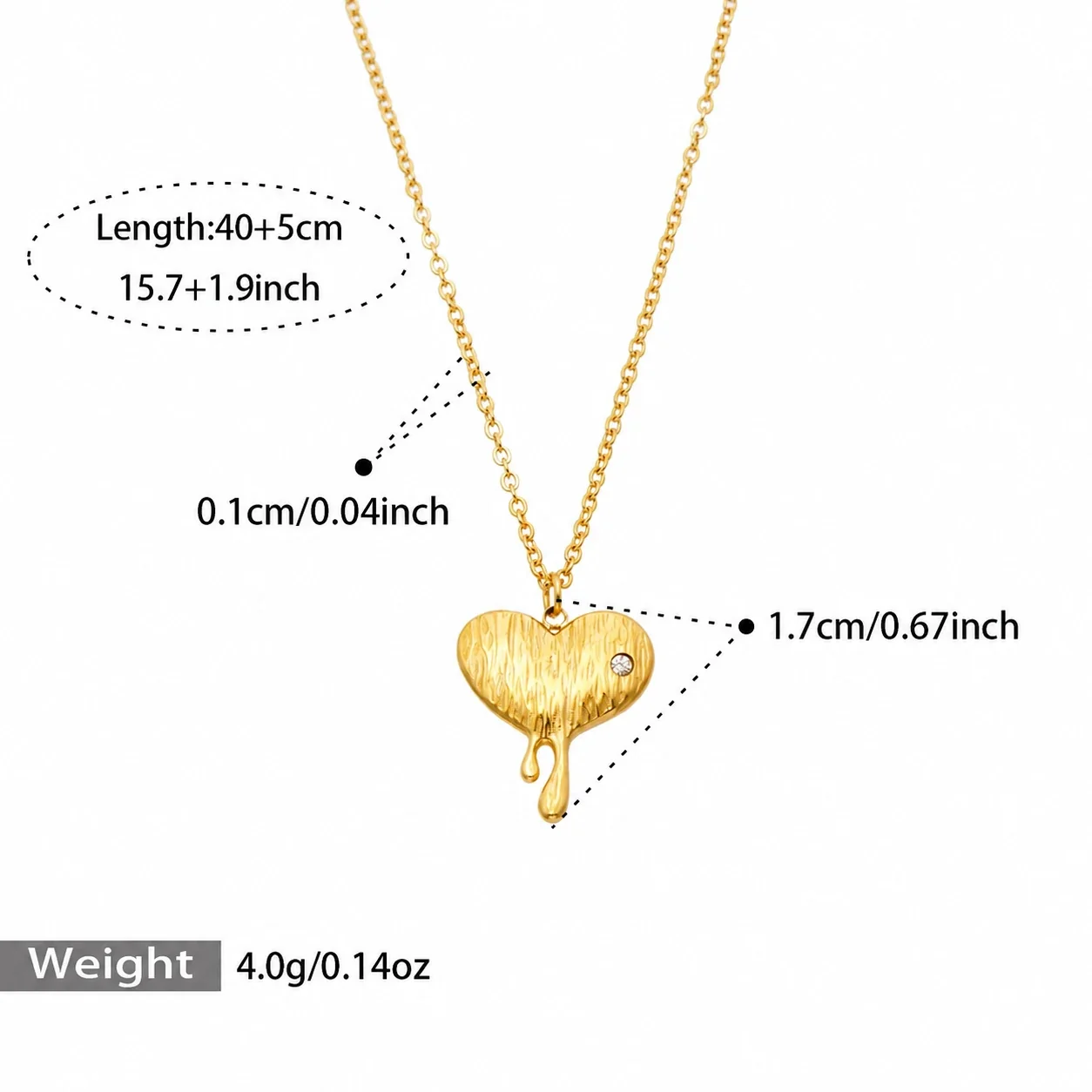 Heart & Geometric Pendant Necklaces in Stainless Steel - Gold Melted Heart CZ, 40+5 cm